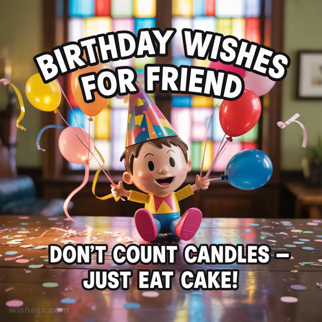 Cartoon child in a party hat holds balloons in a festive room with colorful decor. Text reads, "Birthday wishes for friend. Don’t count candles—just eat cake!"