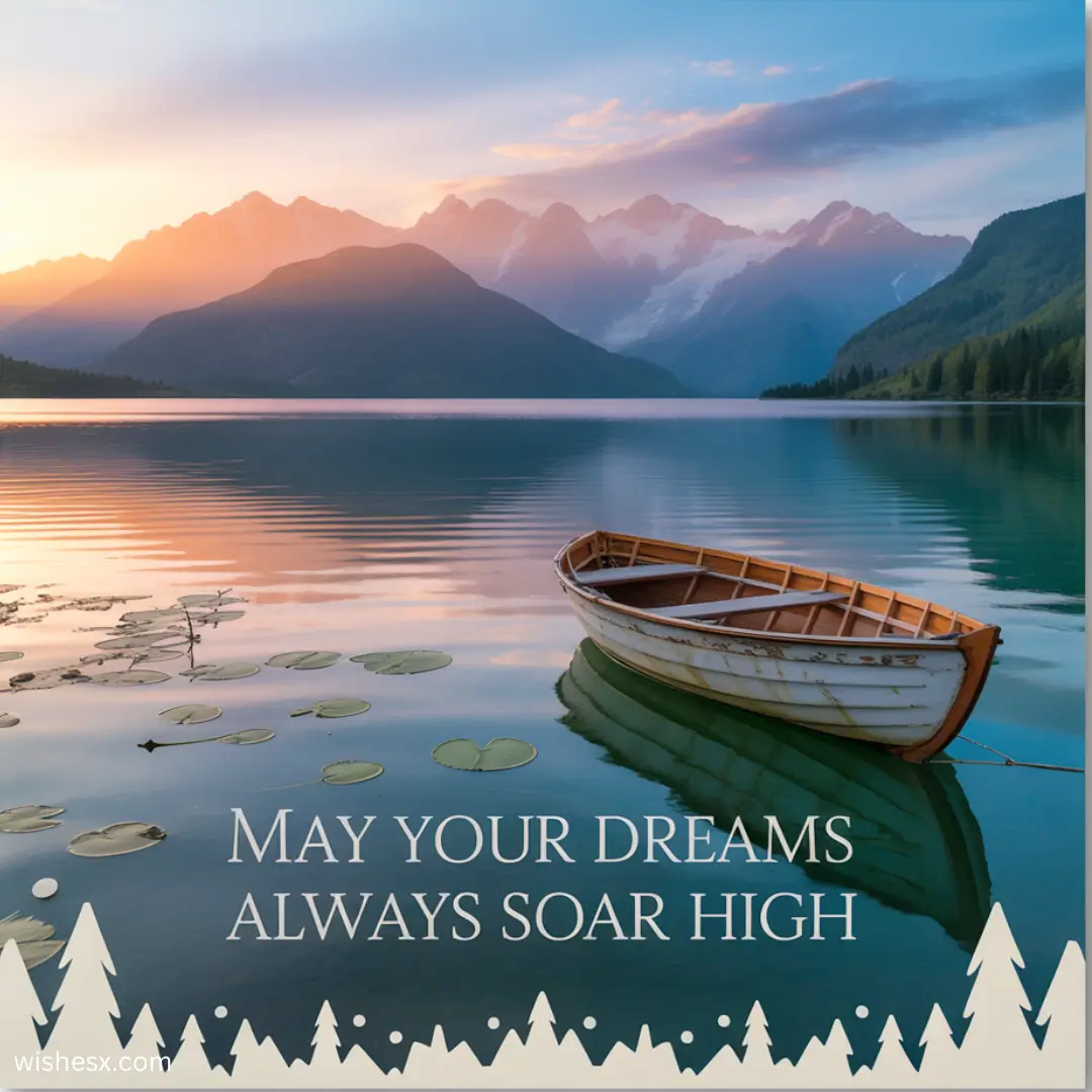Serene lake at sunset, with a small wooden boat floating nearby. Snow-capped mountains in the background. Text reads: "May your dreams always soar high."