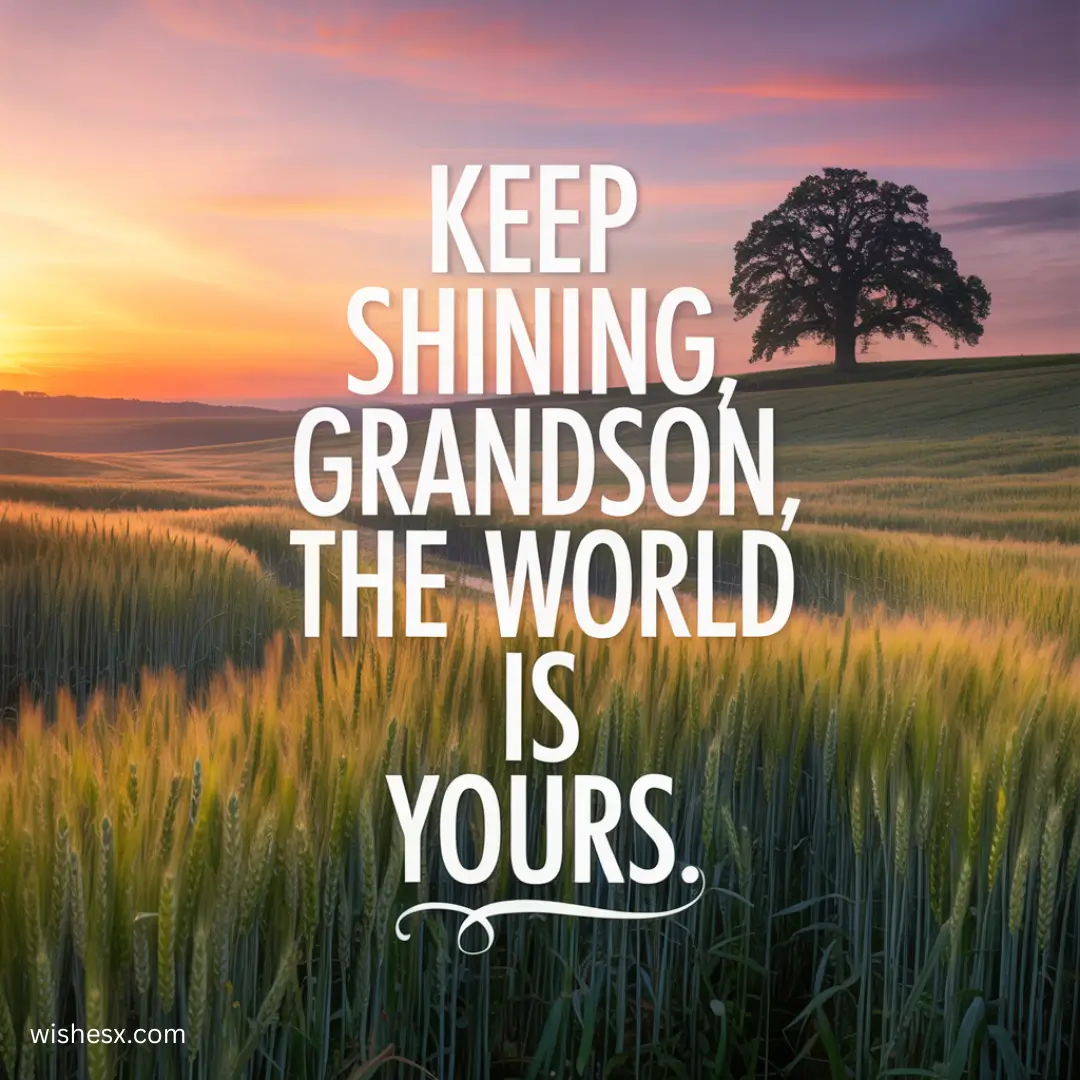 Sunset over wheat fields with a solitary tree. Text reads, "Keep shining, grandson, the world is yours." Warm, inspirational tone.