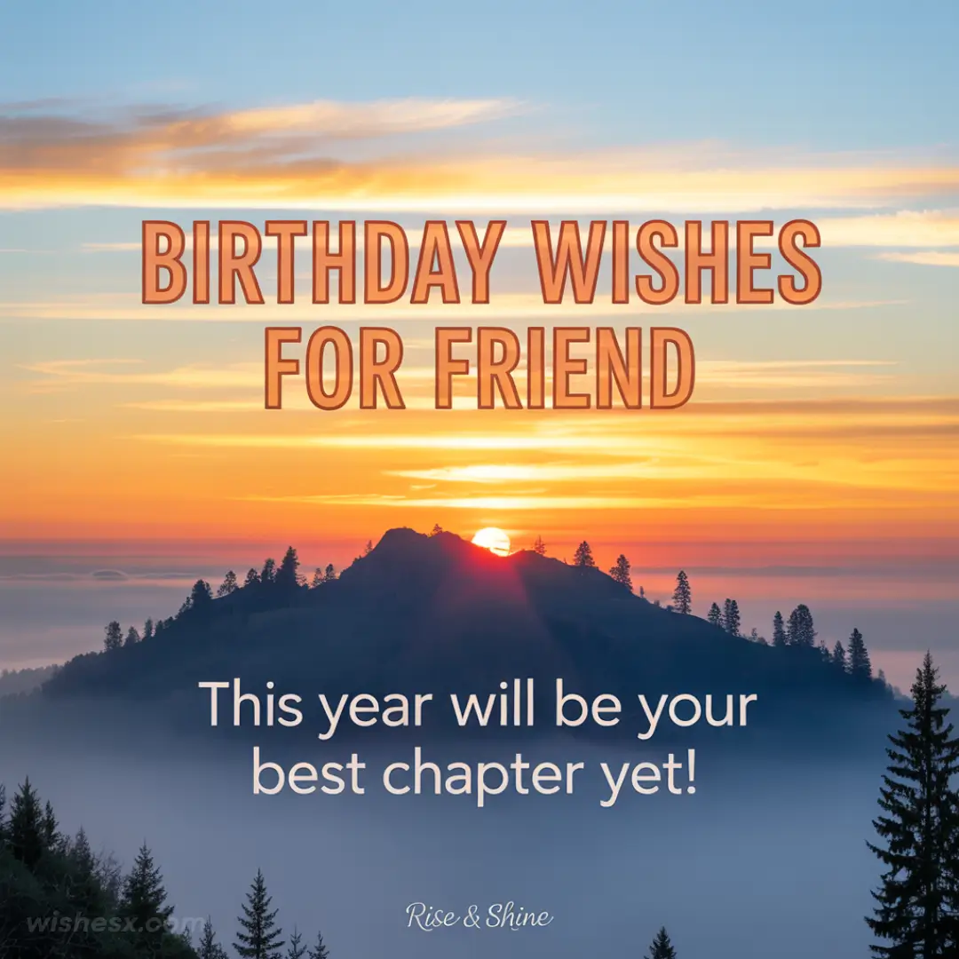 Sunrise over foggy mountains with trees silhouetted. Text reads: "Birthday Wishes for Friend. This year will be your best chapter yet!" Calm, hopeful tone.