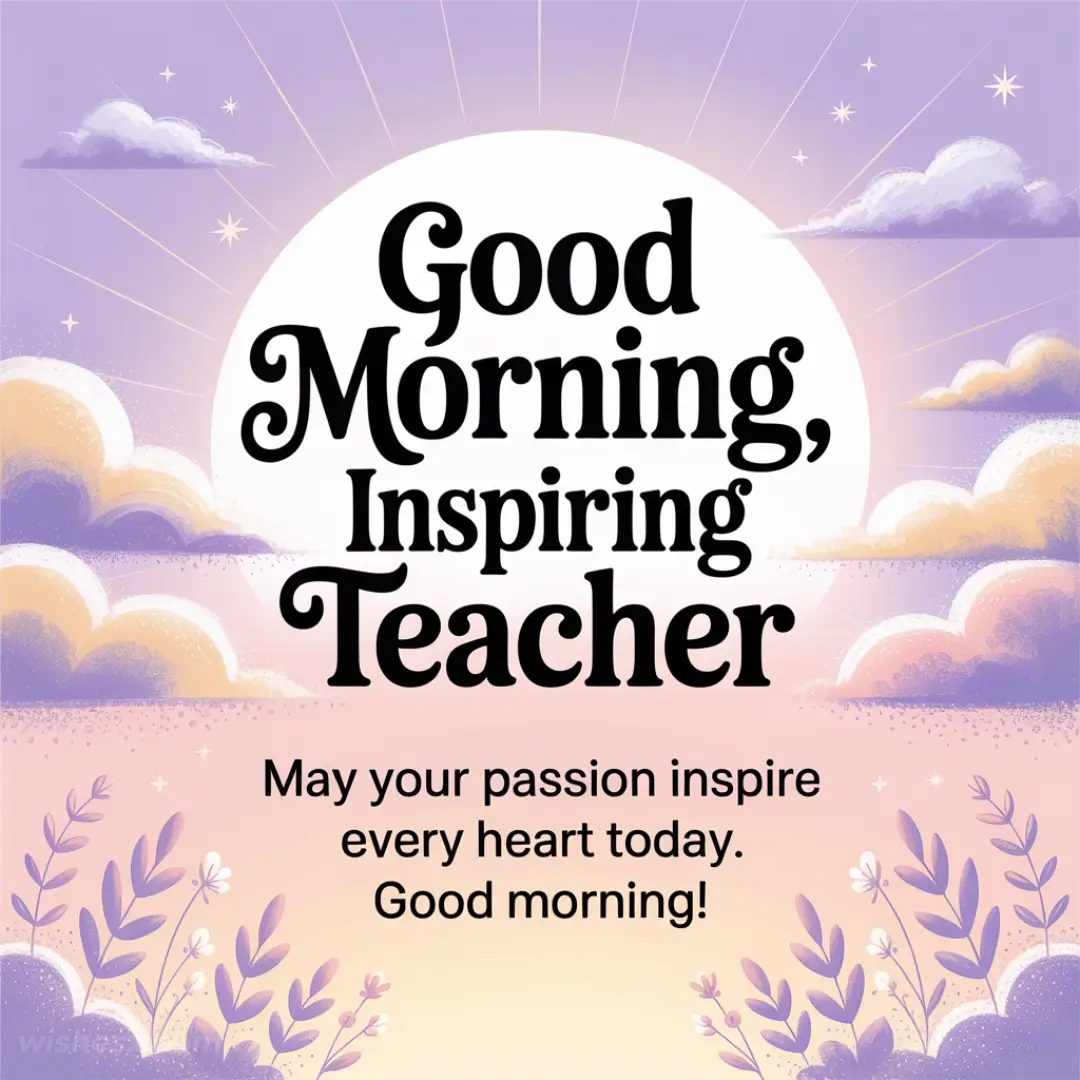 A Good Morning Message to School Teacher saying “Good morning, inspiring teacher” is set against a pastel sunrise background with clouds and stars. Floral accents create a serene, motivational tone.

