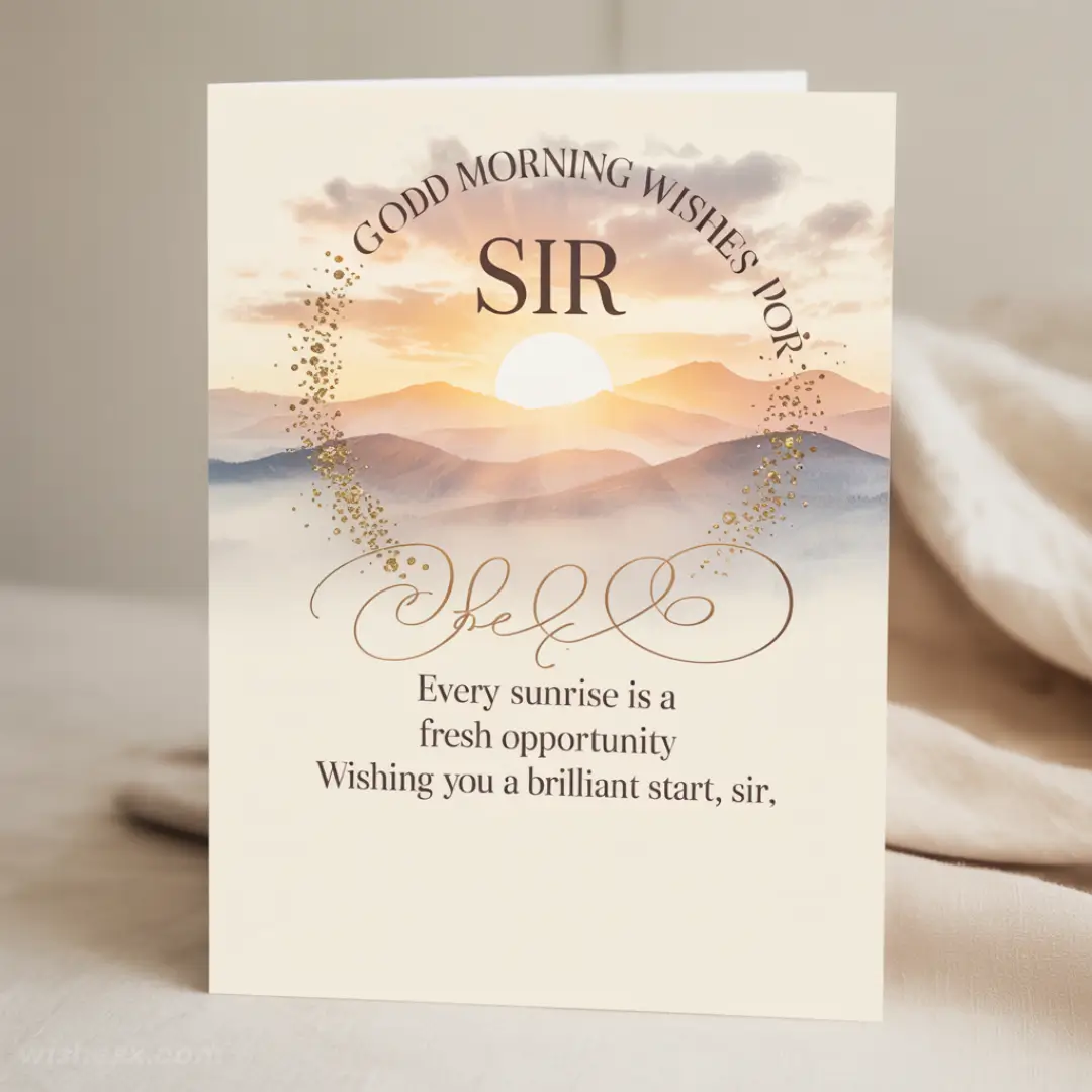 Greeting card with mountains at sunrise, golden sun, and clouds. Text reads: "Good Morning Wishes for Sir. Every sunrise is a fresh opportunity. Wishing you a brilliant start, sir." Warm, hopeful tone.