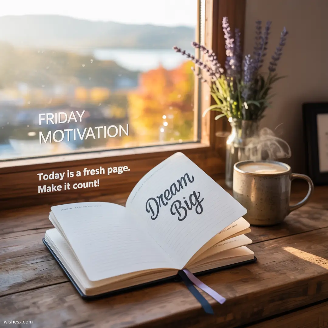  Inspirational text on a colorful background: "Friday motivation - today is fresh, make it count."