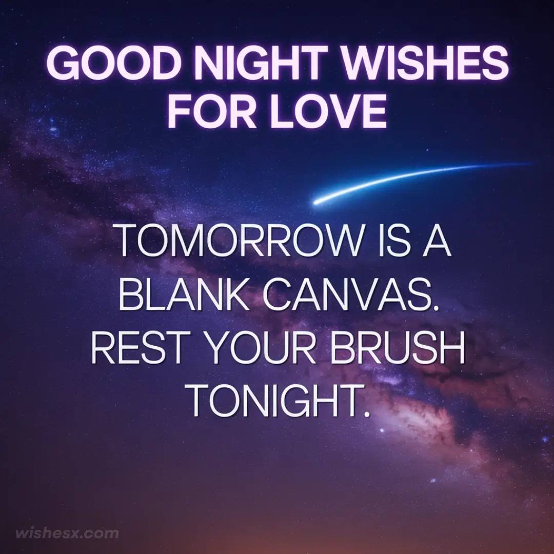 A romantic image featuring a starry night sky with heartfelt good night wishes for a loved one.