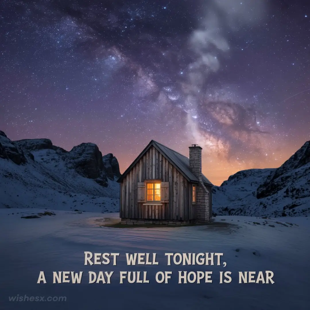 A serene night scene with a message of hope for a new day ahead, encouraging rest and renewal.