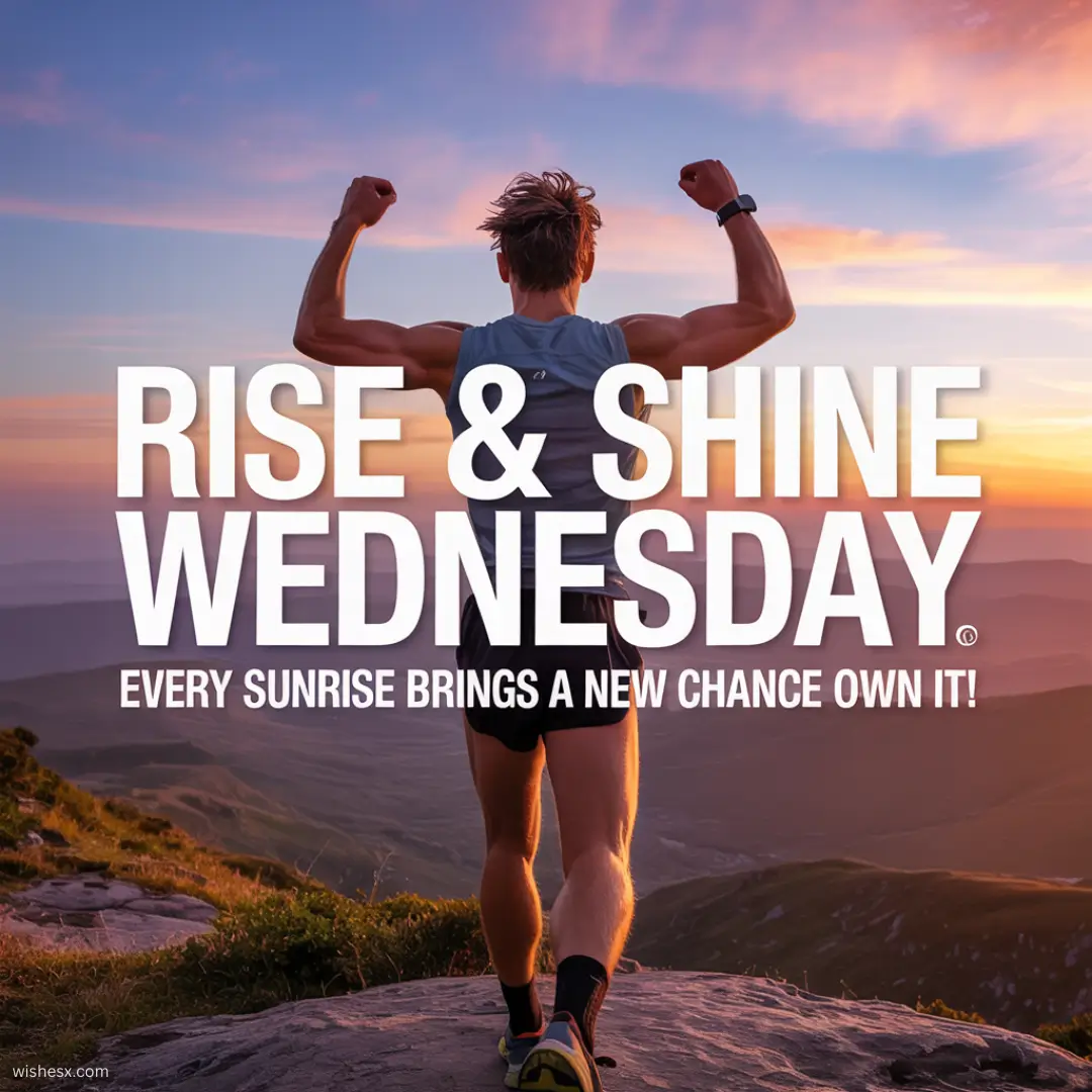 Text graphic that reads "Rise and Shine Wednesday" with a bright, cheerful background.