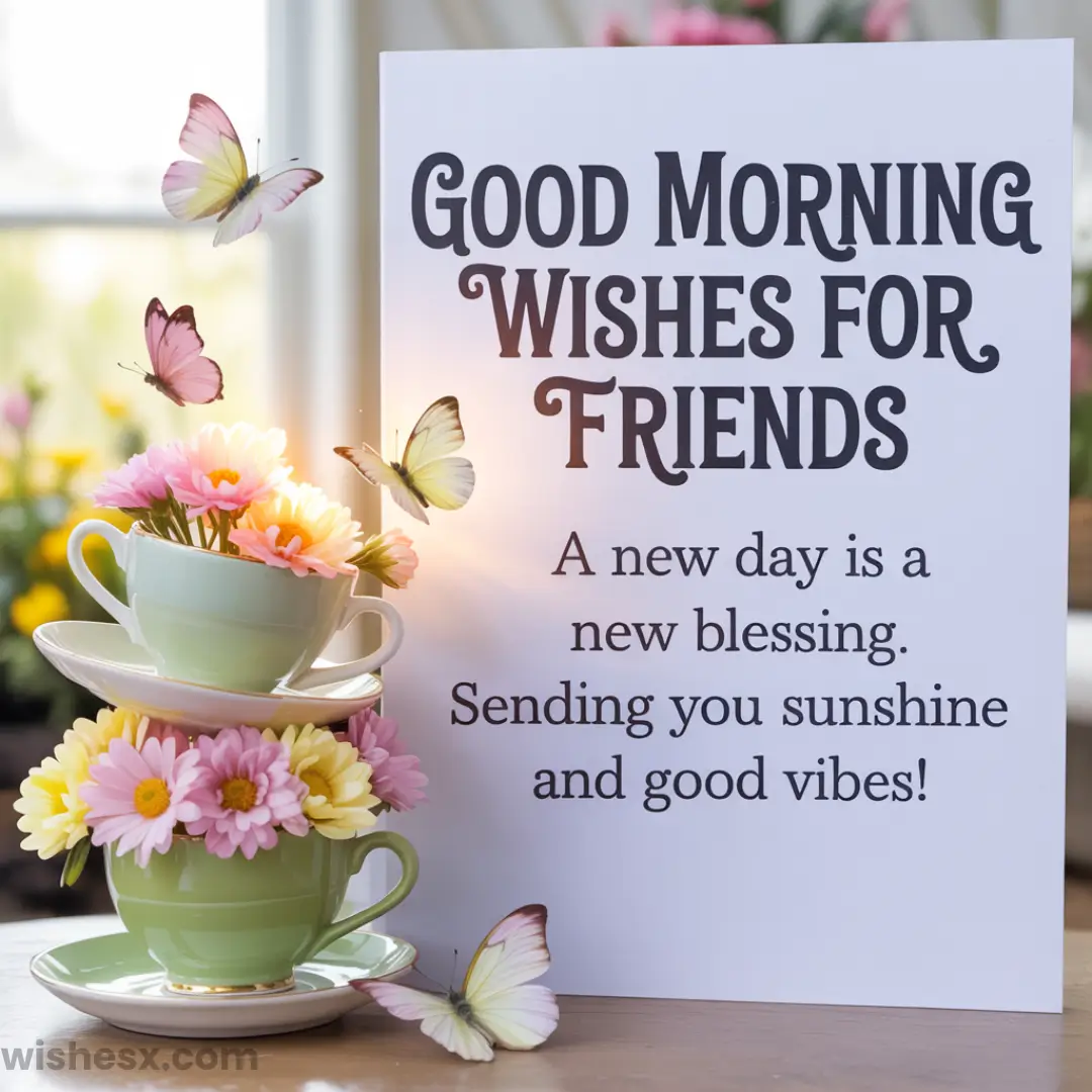 A card reads, Good morning wishes for friends. A new day is a new blessing. Sending you sunshine and good vibes! Next to the card are stacked teacups with pink and yellow flowers and butterflies.