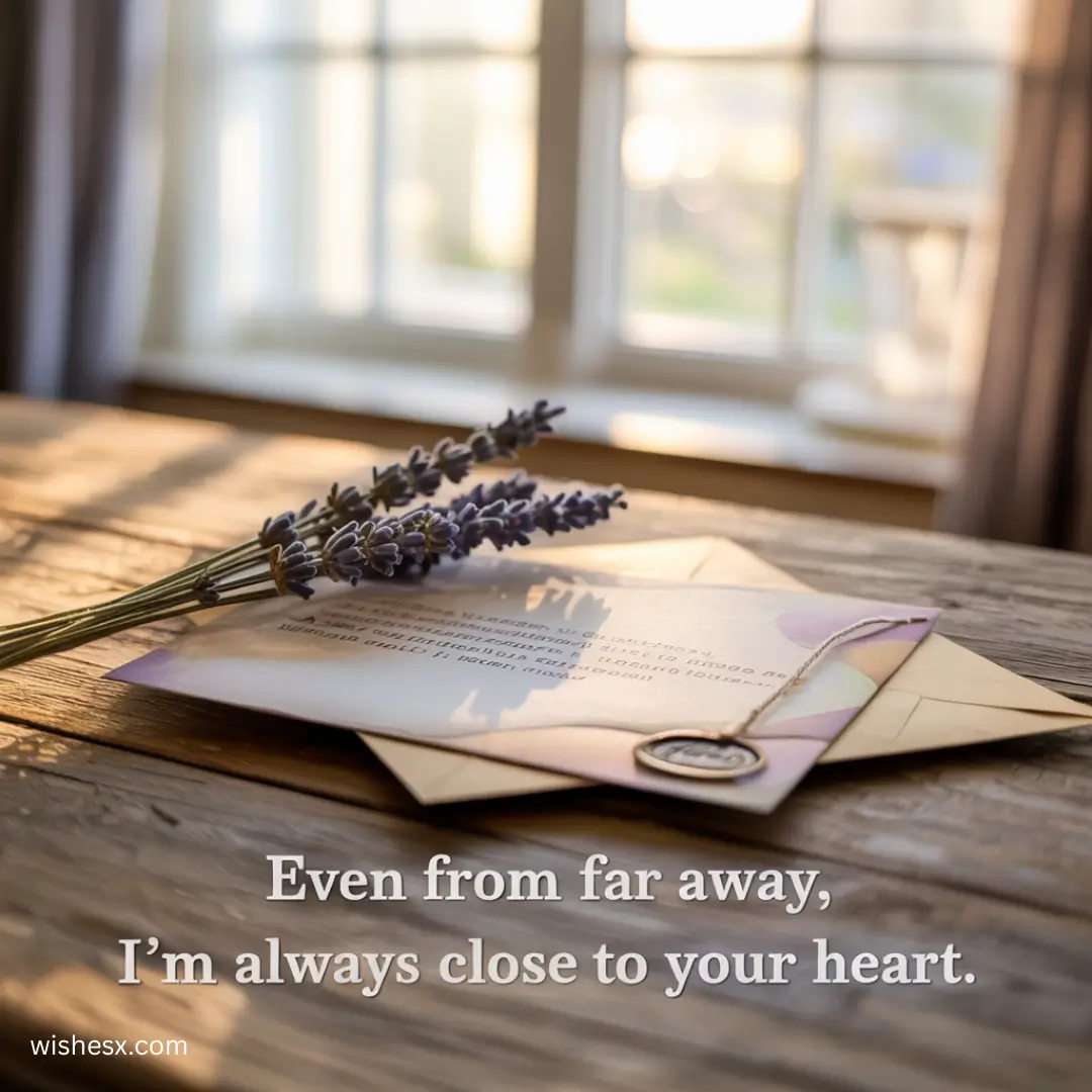 A lavender sprig rests on a letter with an envelope on a wooden table by a sunlit window. Text reads: "Even from far away, I'm always close to your heart."