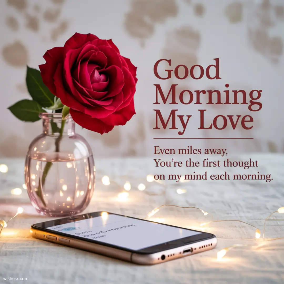 A warm morning greeting with the text "Good morning my love" in elegant script against a soft sunrise background.