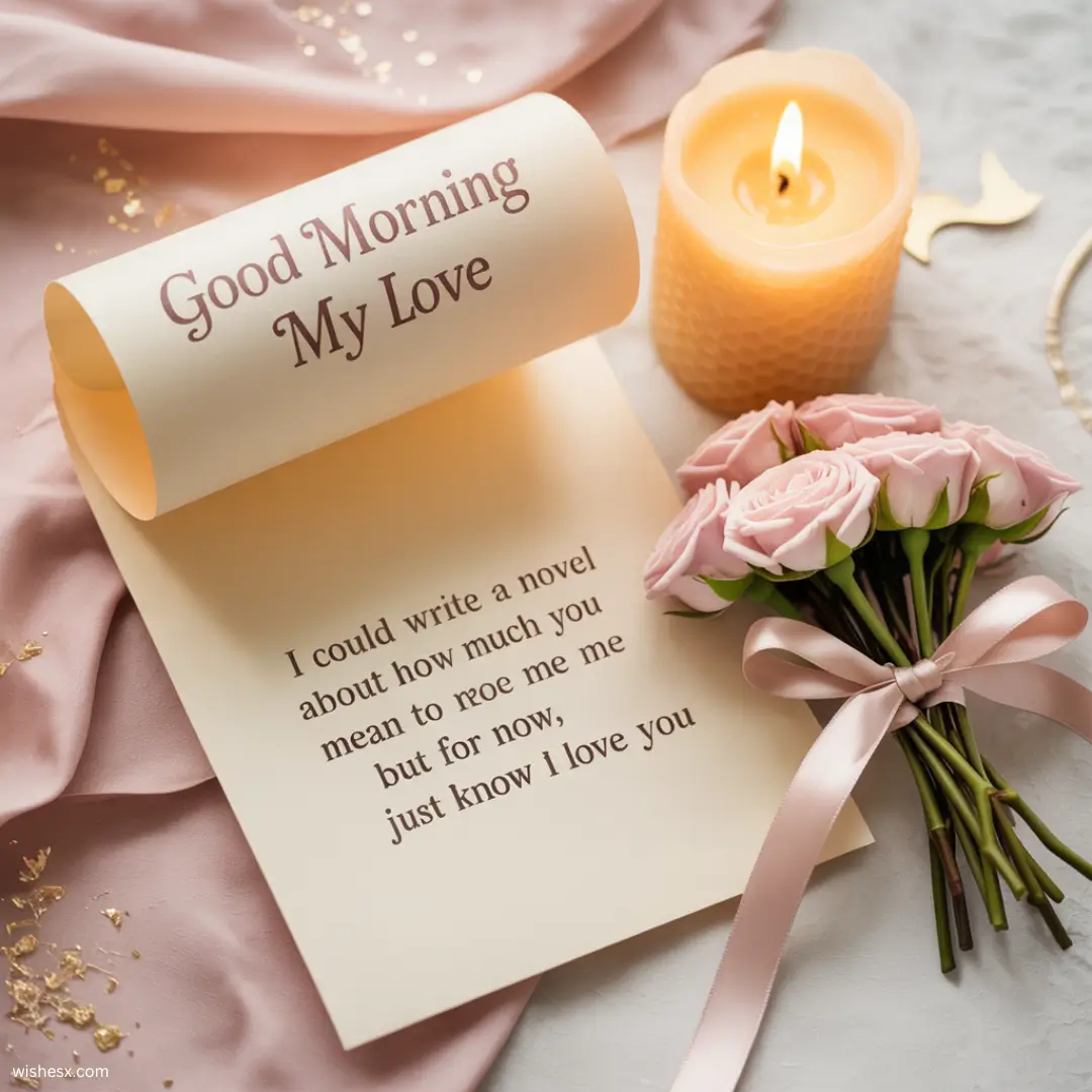  A warm morning greeting with the text "Good morning my love" in elegant script against a soft sunrise background.