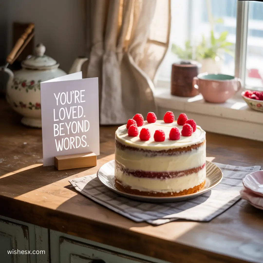 A sunlit kitchen table with a layered cake topped with raspberries sits beside a card reading “YOU’RE LOVED. BEYOND WORDS.” A cozy, inviting atmosphere.