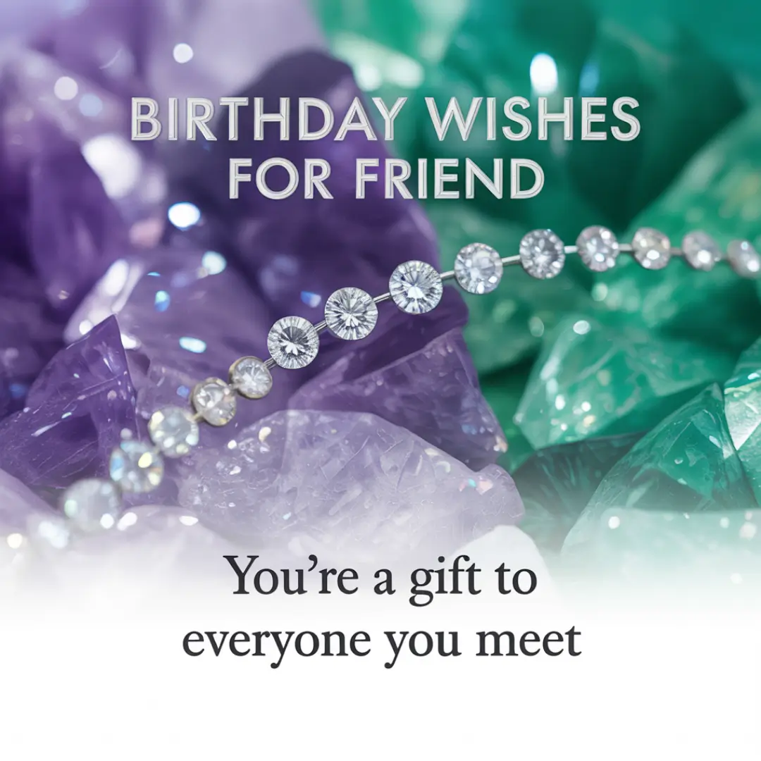 Birthday greeting card with sparkling gemstones in purple and green. Text says "Birthday Wishes for Friend" and "You're a gift to everyone you meet."