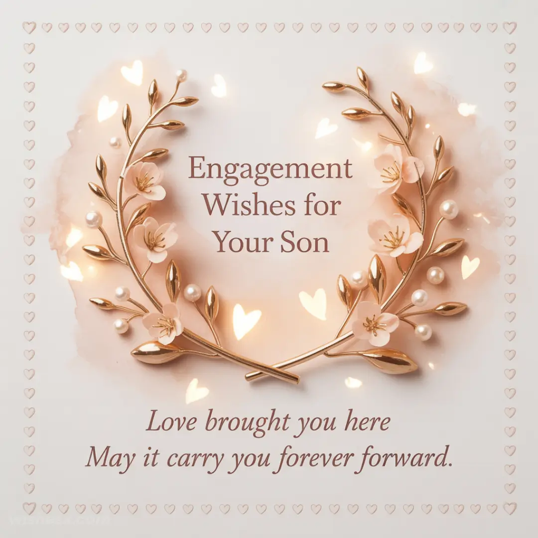 Elegant card with gold floral wreath and pearl accents. Text reads "Engagement Wishes for Your Son" with heartfelt message below. Warm and joyful tone.