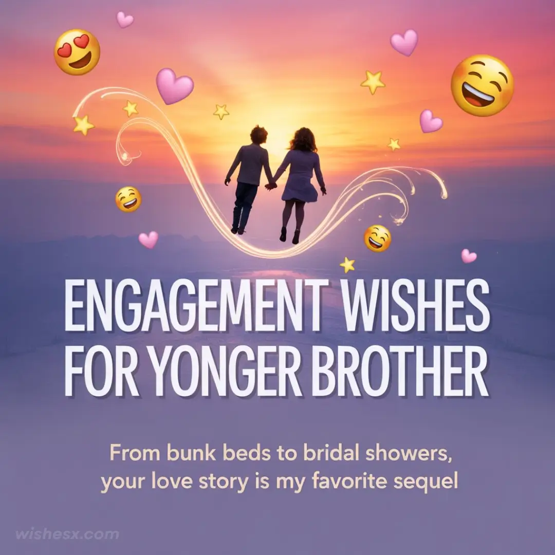 A couple holds hands, silhouetted against a vibrant sunset, with hearts and stars around them. Text: "Engagement Wishes for Younger Brother."