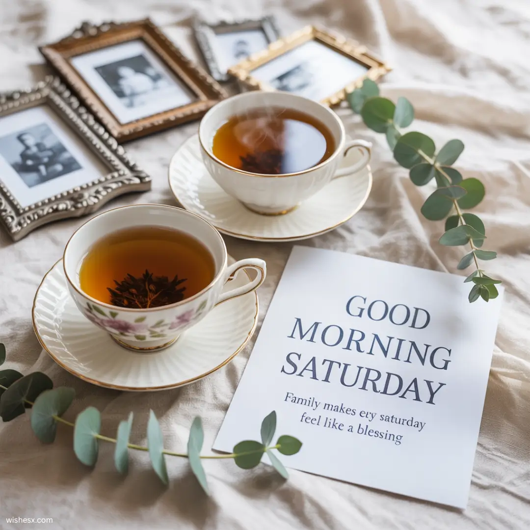 A bright morning scene with sunlight streaming through a window, accompanied by the text "Good Morning Saturday."