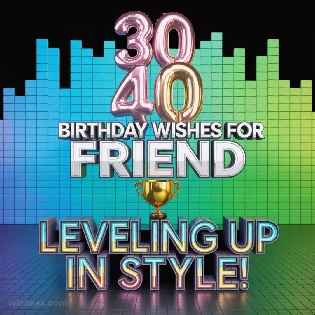 Colorful balloons and a trophy symbolize a friend's birthday, with the numbers 30 and 40. Text reads "Birthday Wishes" and "Leveling Up in Style" against a vibrant pixelated background.