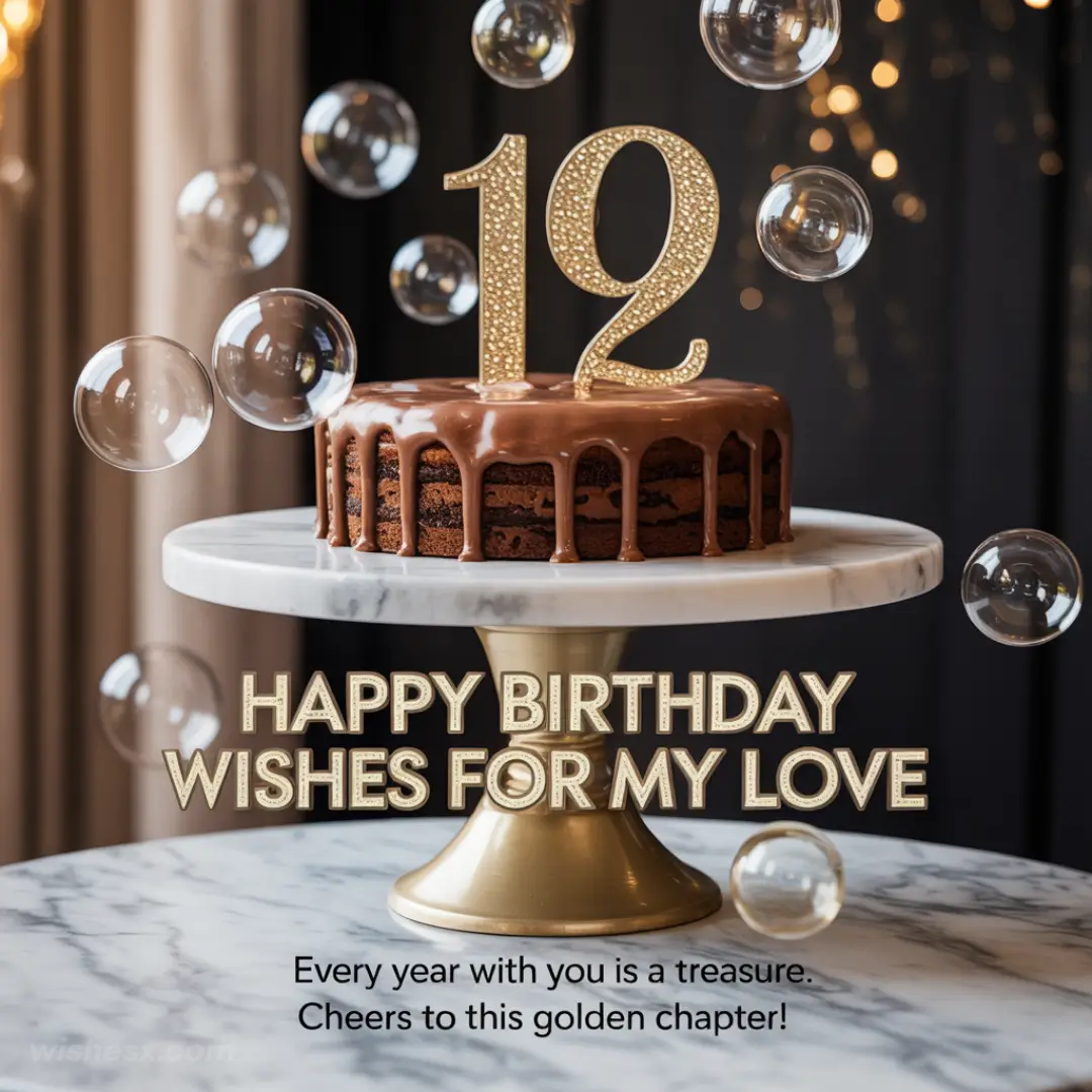 A chocolate drip cake with a sparkling "12" topper sits on a marble stand, surrounded by floating bubbles. The text reads, "Happy Birthday Wishes for My Love. Every year with you is a treasure. Cheers to this golden chapter!" The scene conveys celebration and warmth.