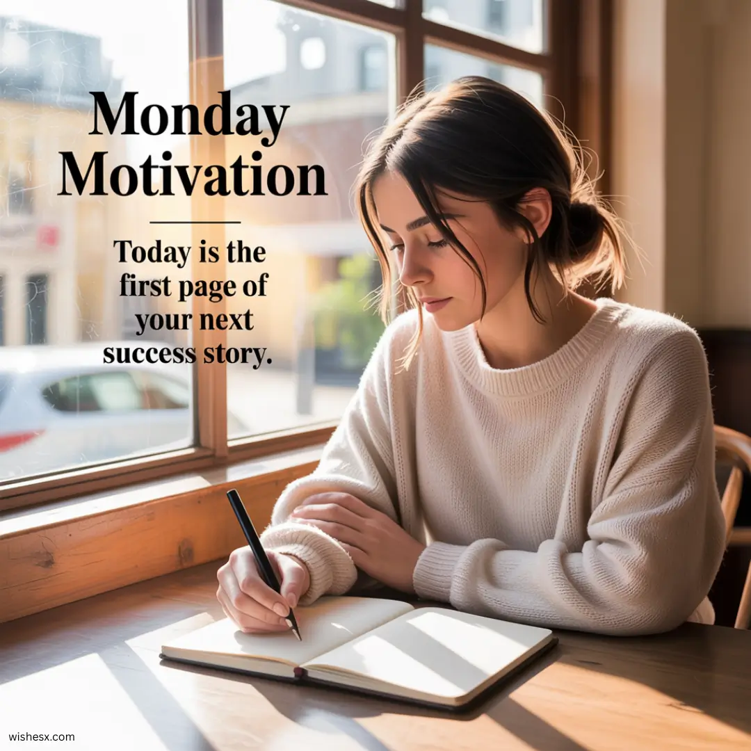  A motivational quote: "Today is the first page of your success story" on a vibrant background.