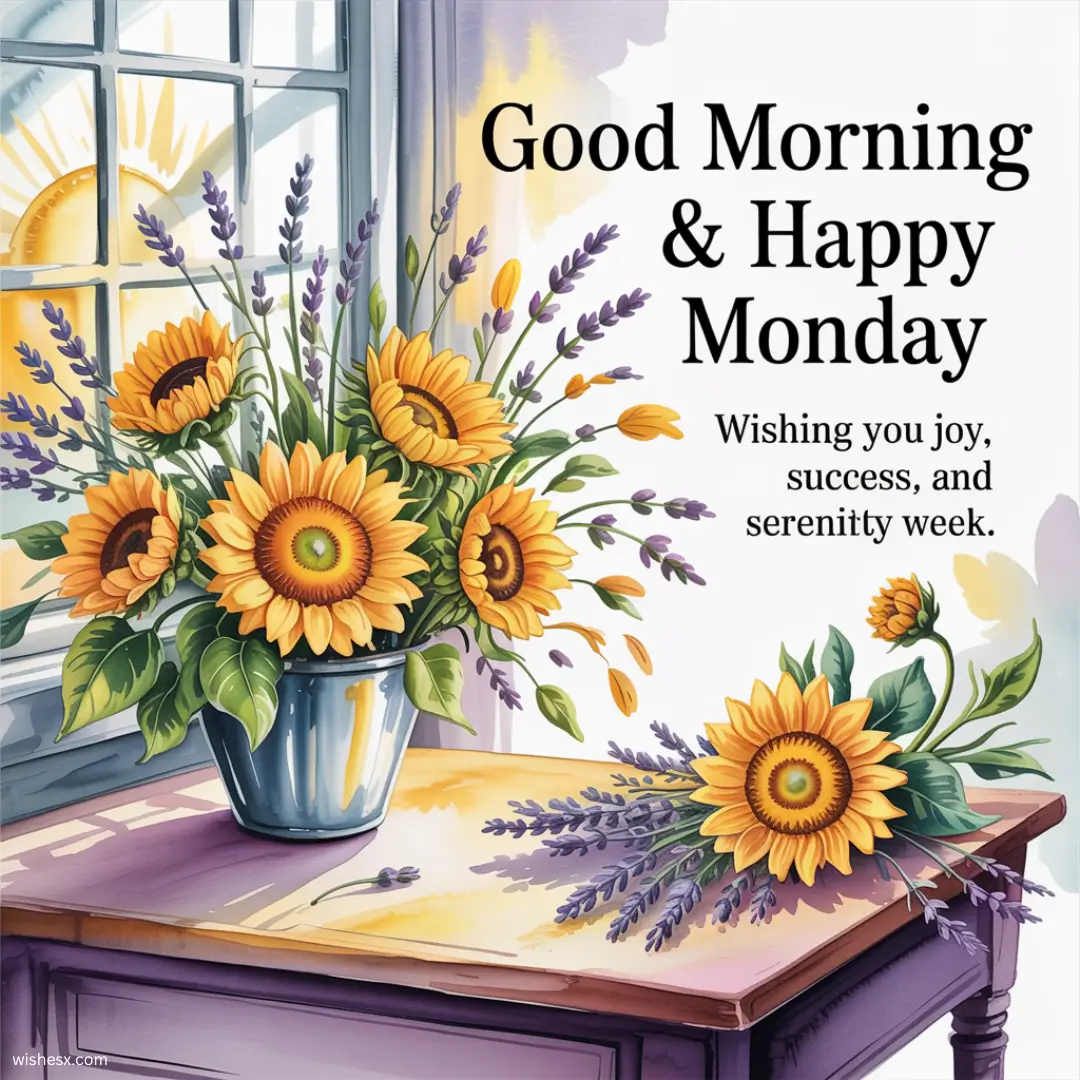  A cheerful greeting image with the text "Good morning and happy Monday" in bright, uplifting colors. 