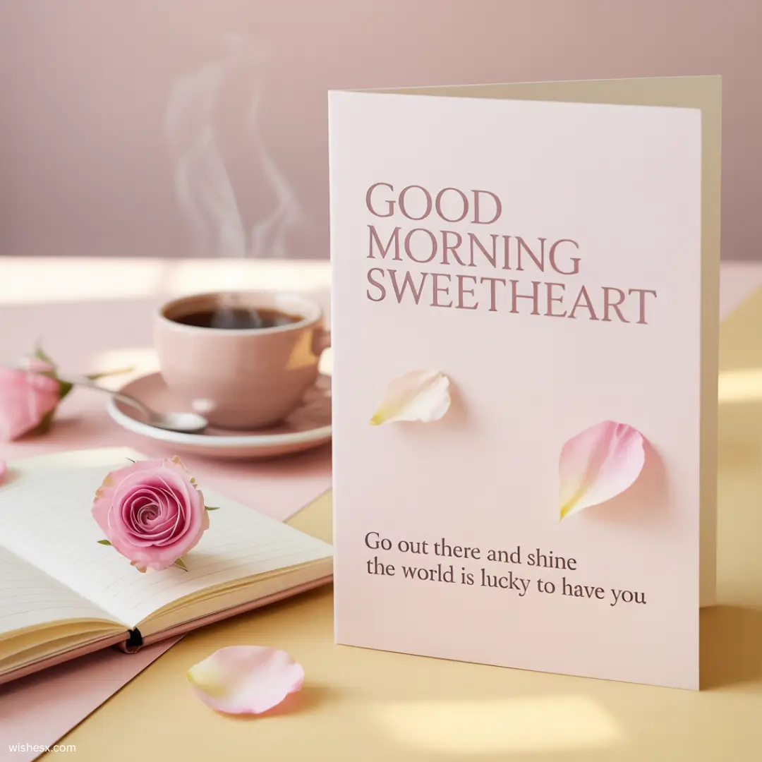 A cheerful "Good Morning Sweetheart" card featuring bright colors and a heart design, conveying love and warmth.