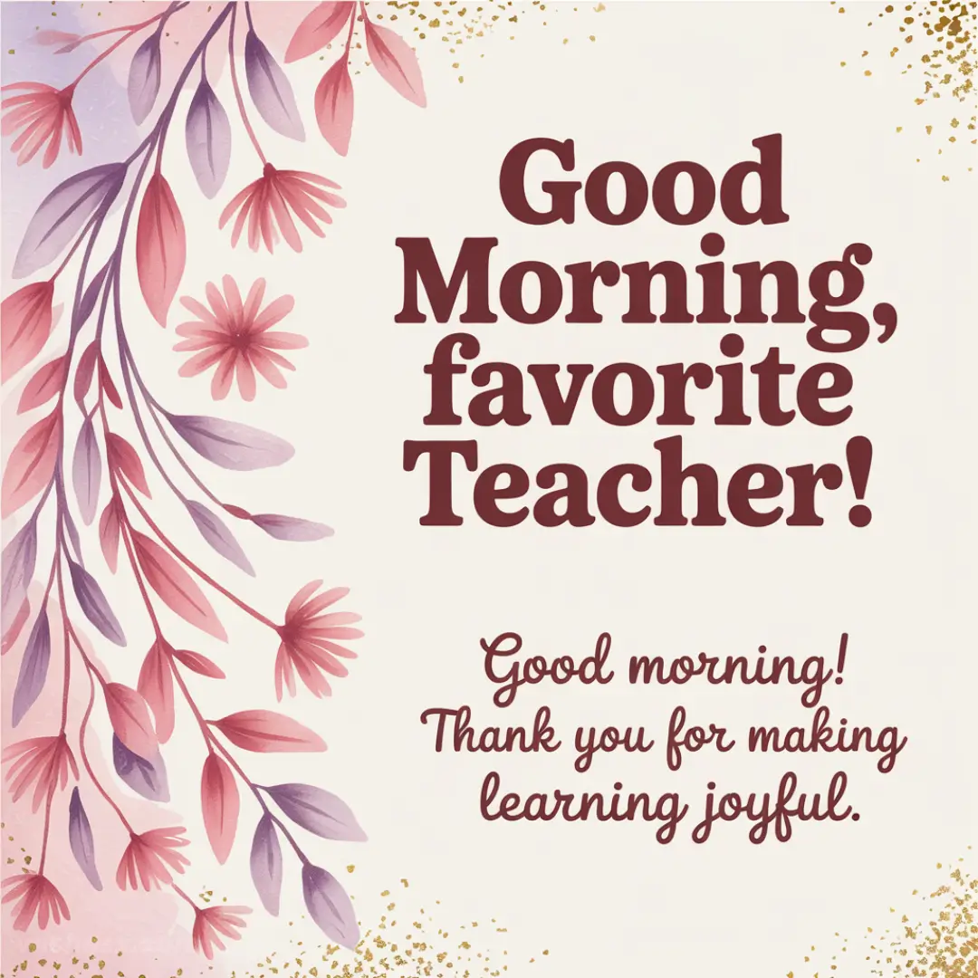 Decorative card with pink and purple floral design on a cream background. Text reads, "Good Morning, favorite Teacher! Thank you for making learning joyful."