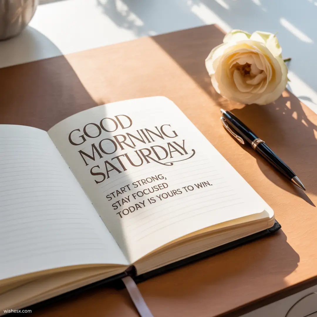 Good morning Saturday text with a cheerful design, encouraging a positive start to the weekend.