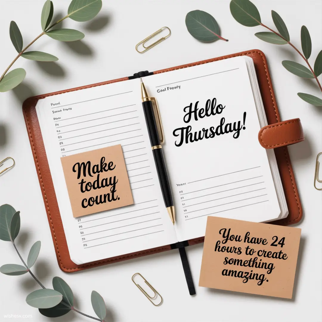 . Colorful printables featuring the phrase "Hello Thursday" with decorative elements for weekly planning.
