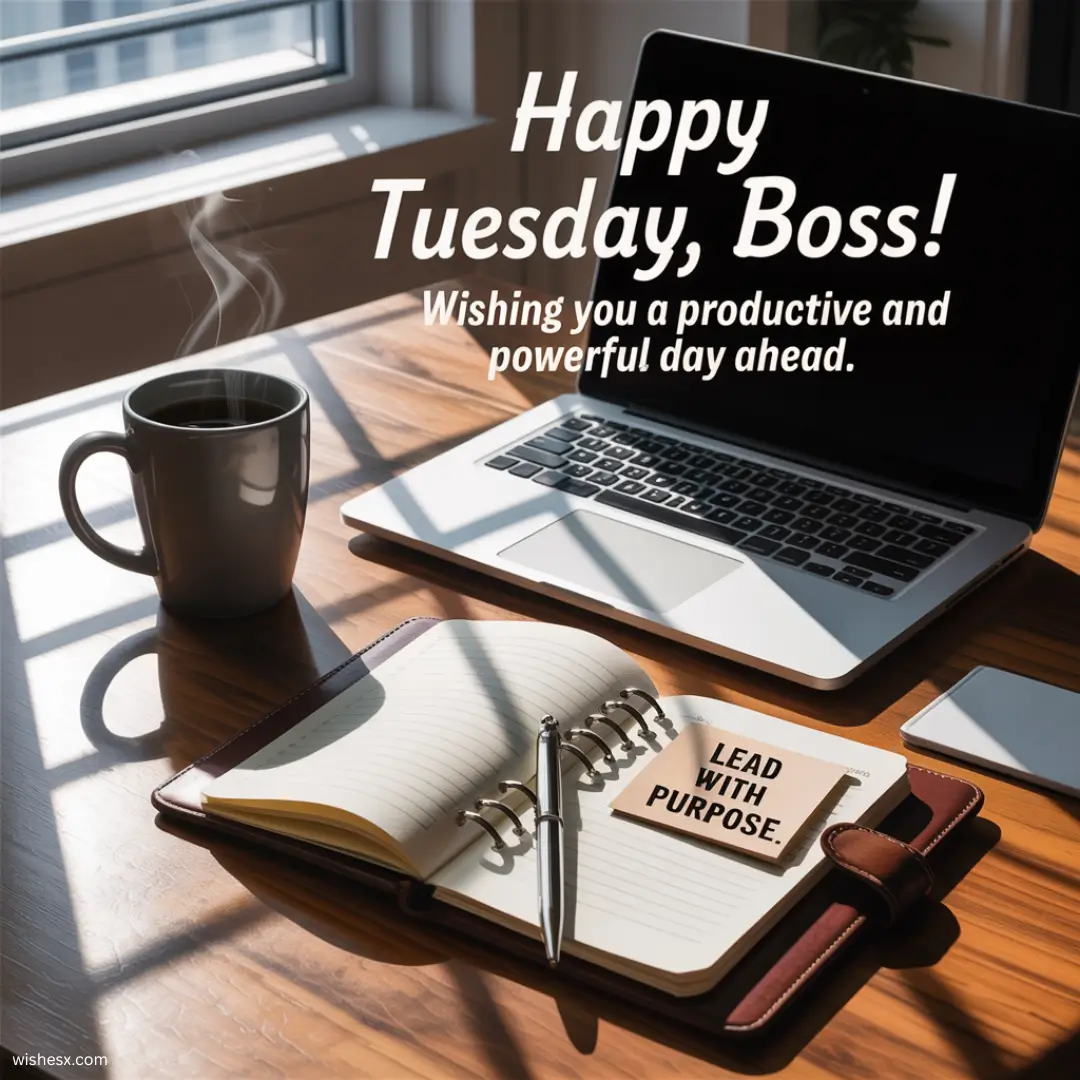A cheerful message saying "Happy Tuesday, Boss" with a bright background and festive decorations.