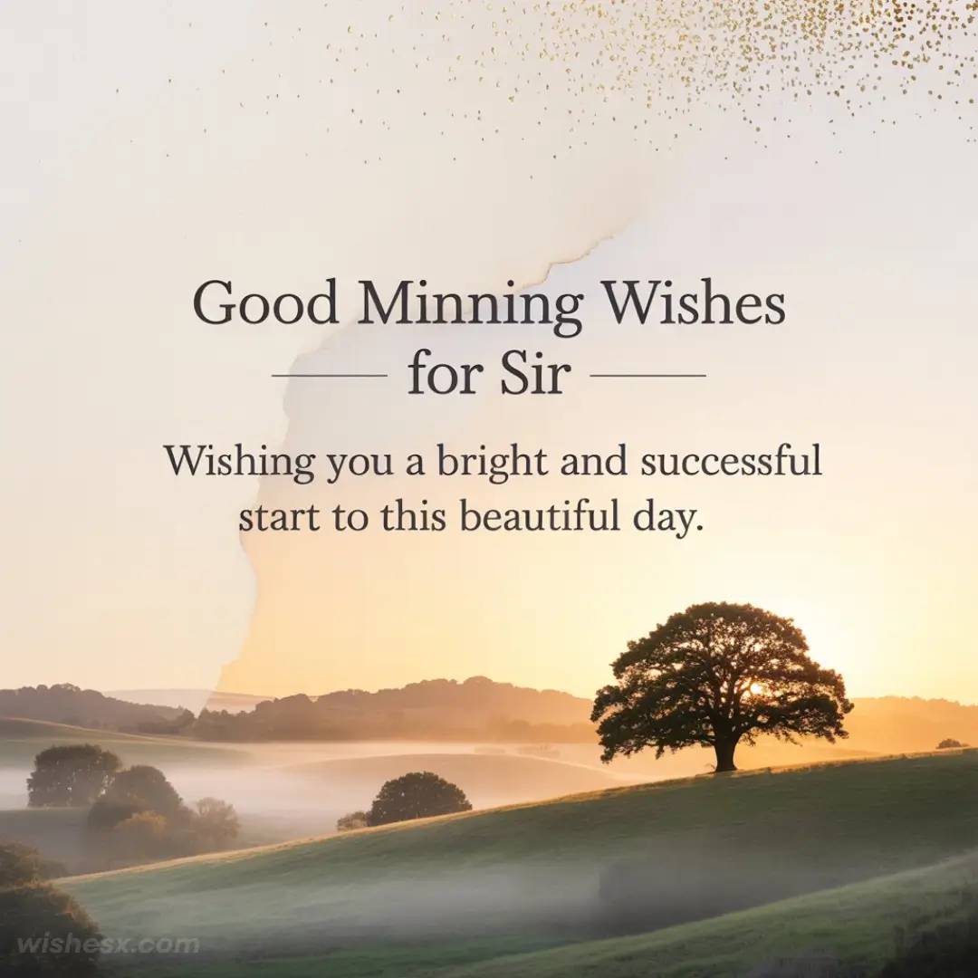 Sunrise over misty hills with a lone tree, conveying a peaceful morning. Text: "Good Morning Wishes for Sir. Wishing you a bright and successful day."