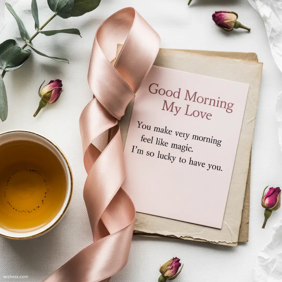 A warm morning greeting with the text "Good morning my love" in elegant script against a soft sunrise background.