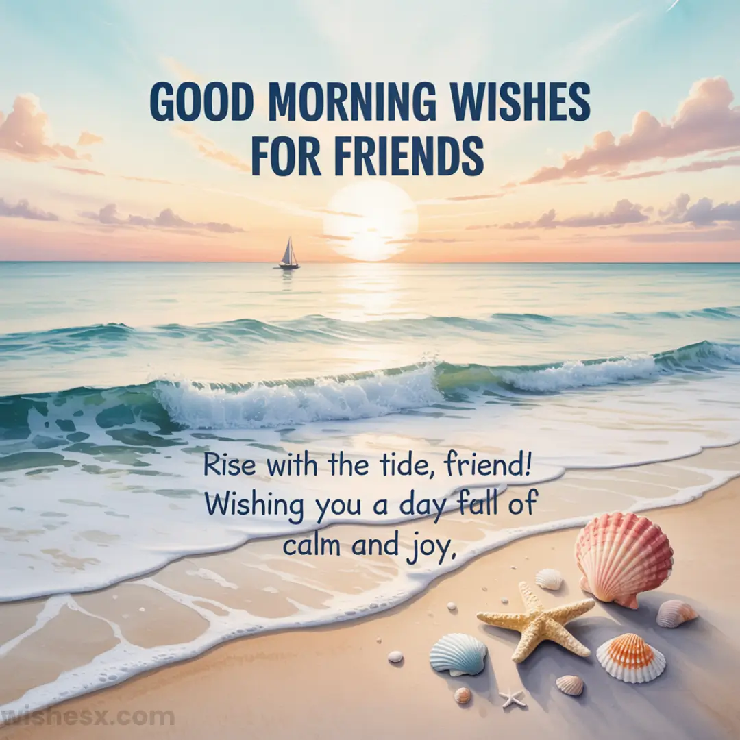 A serene beach scene at sunrise with gentle waves, seashells, and a starfish on the sand. A sailboat floats on the water. Text reads: Good morning wishes for friends. Rise with the tide, friend! Wishing you a day full of calm and joy.