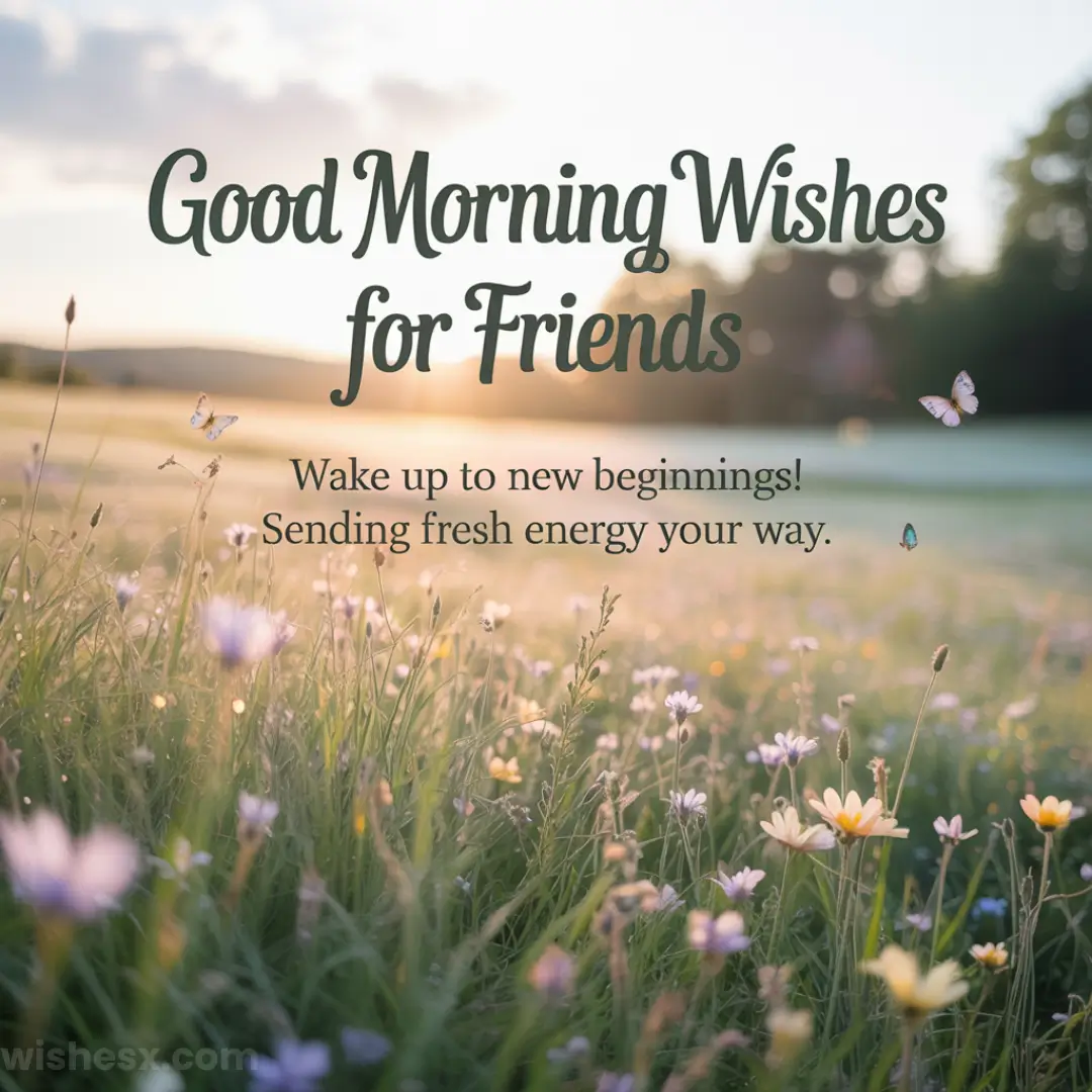 A sunlit meadow with wildflowers and butterflies, overlaid with the text: Good Morning Wishes for Friends. Wake up to new beginnings! Sending fresh energy your way.