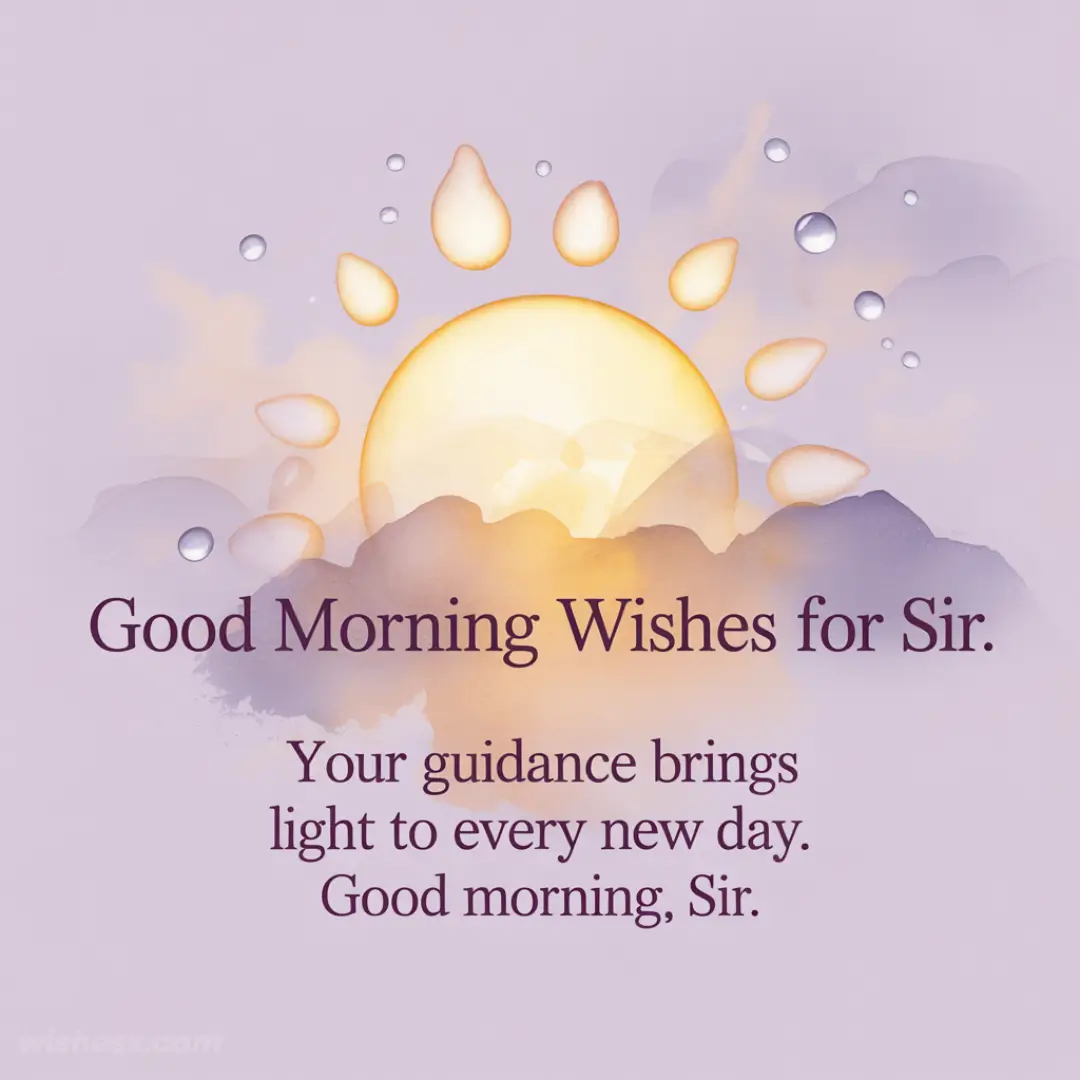 Sunrise illustration with soft purple and yellow tones, raindrops; text reads “Good Morning Wishes for Sir. Your guidance brings light to every new day. Good morning, Sir.”