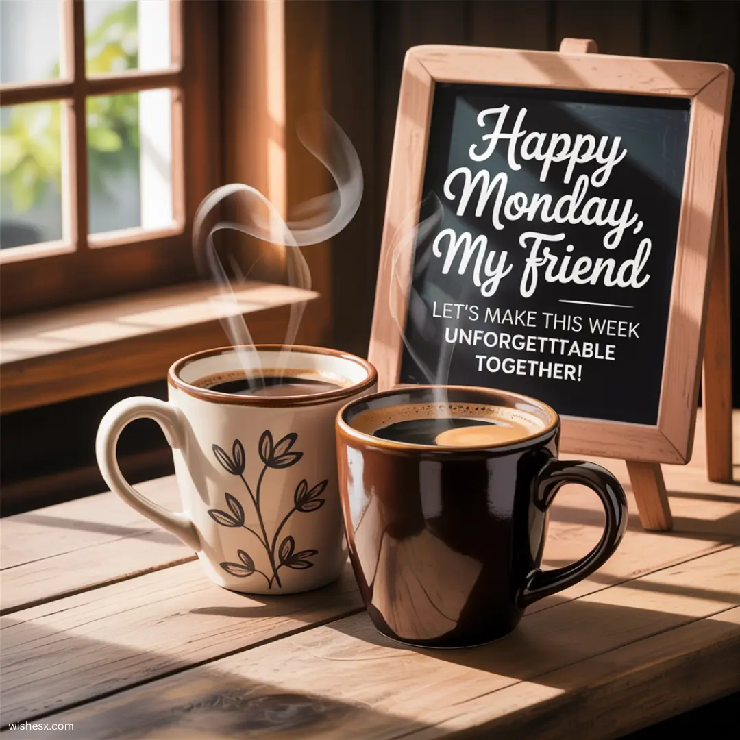 A cheerful greeting image with the text "Happy Monday, my friend" in a bright, colorful font.
