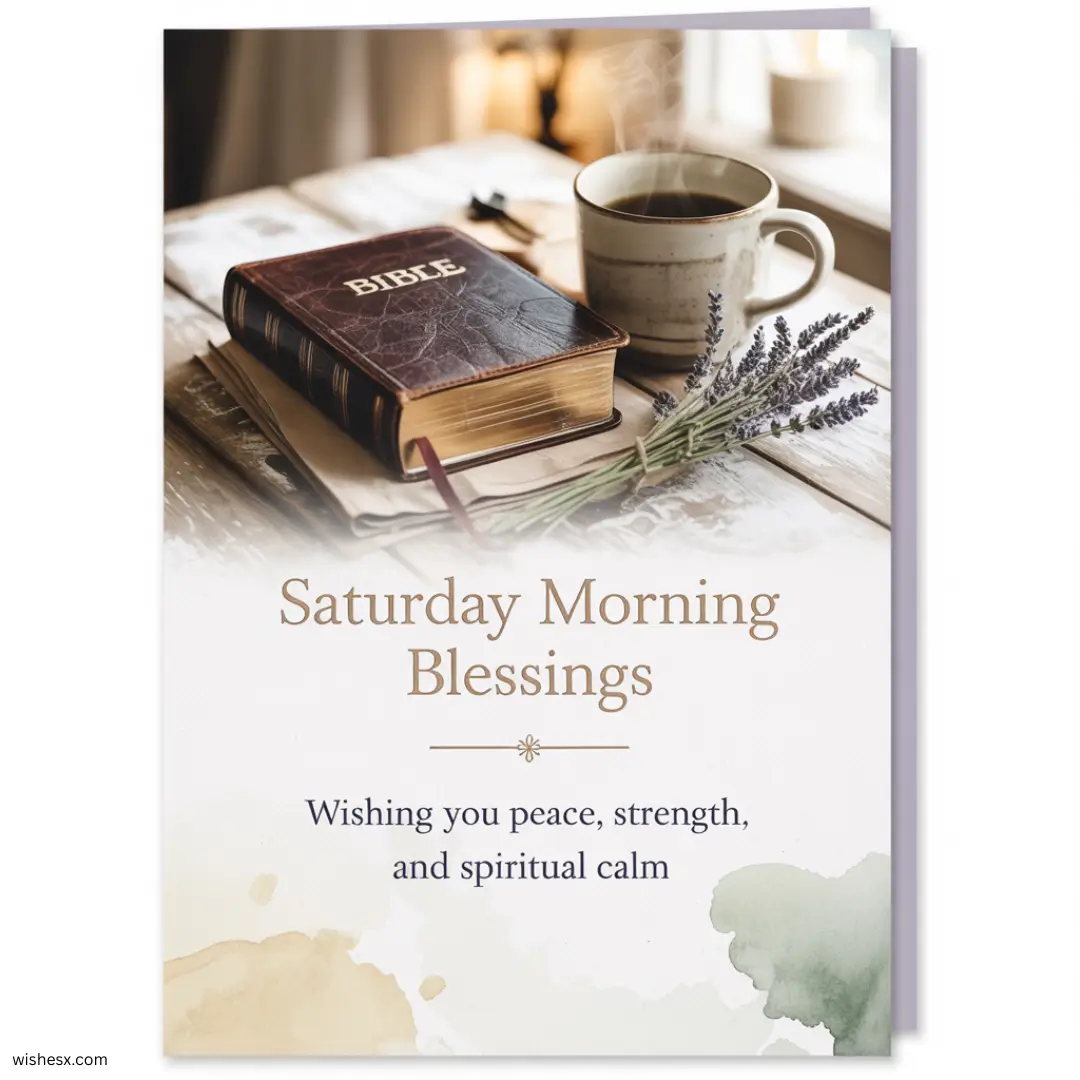  Christian greeting card featuring a serene Saturday morning scene with uplifting blessings and warm colors.