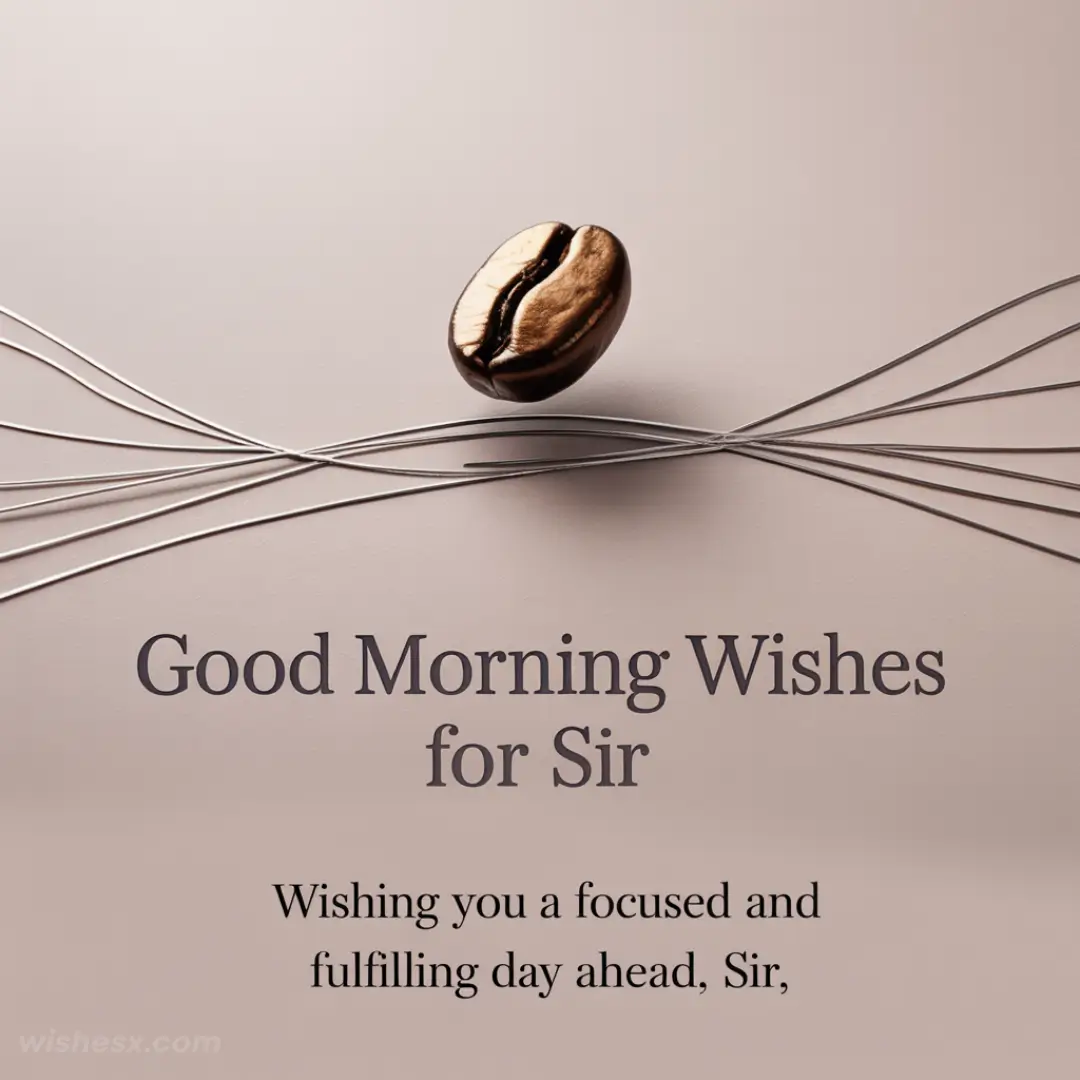 A coffee bean above intersecting wires on a beige background. Text: "Good Morning Wishes for Sir. Wishing you a focused and fulfilling day ahead, Sir." Calm and motivational tone.