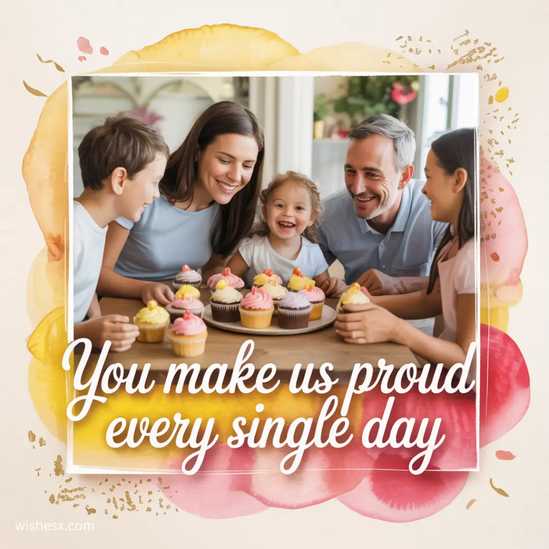 A joyful family gathers around a table, smiling and holding colorful cupcakes. Text overlay reads, "You make us proud every single day," against a floral background.