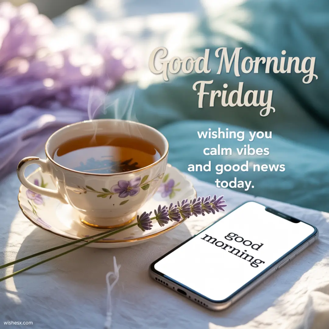 . A cheerful graphic wishing a good morning on Friday, featuring bright colors and uplifting text.