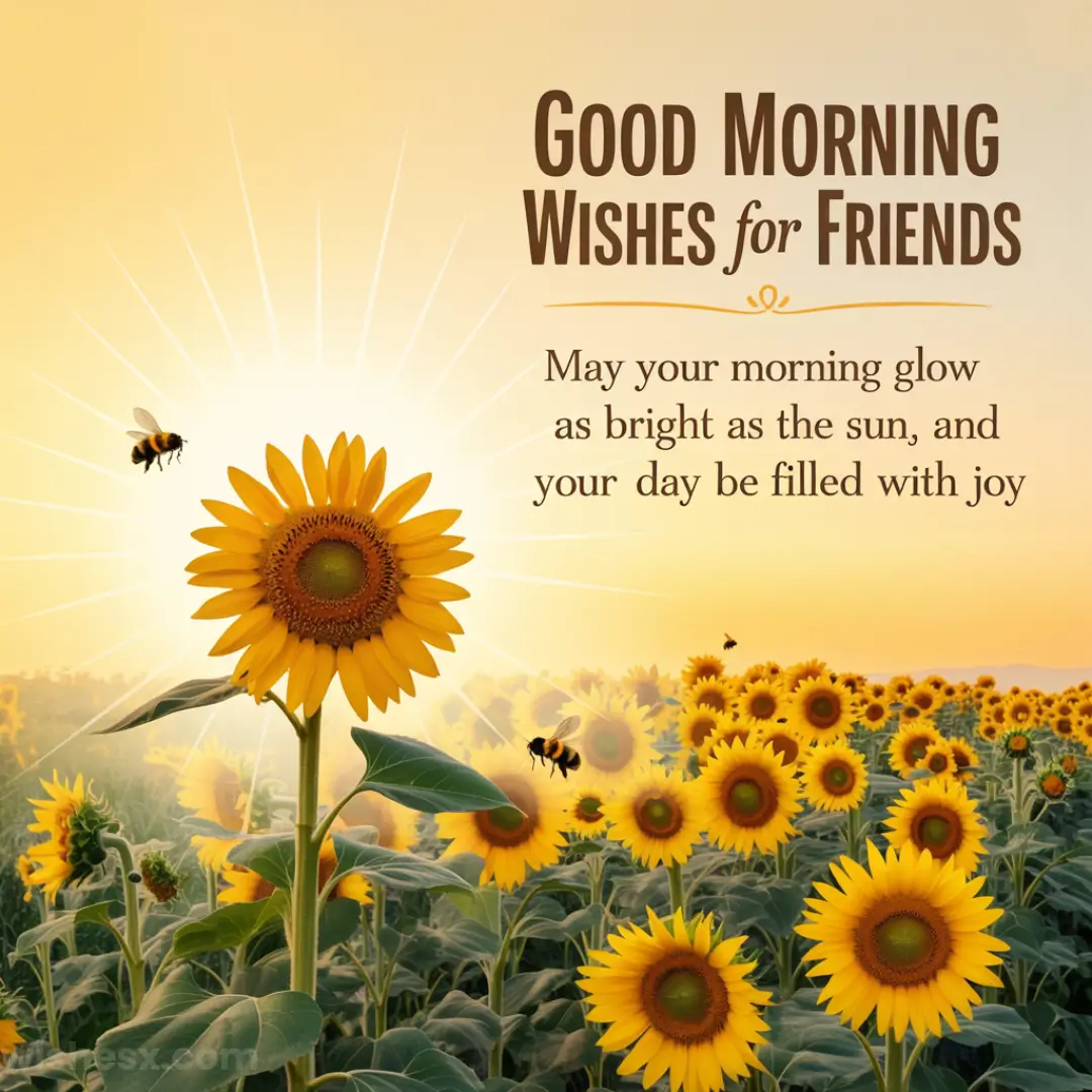 A field of sunflowers at sunrise with bees flying around. Text reads: Good morning wishes for friends. May your morning glow as bright as the sun, and your day be filled with joy.