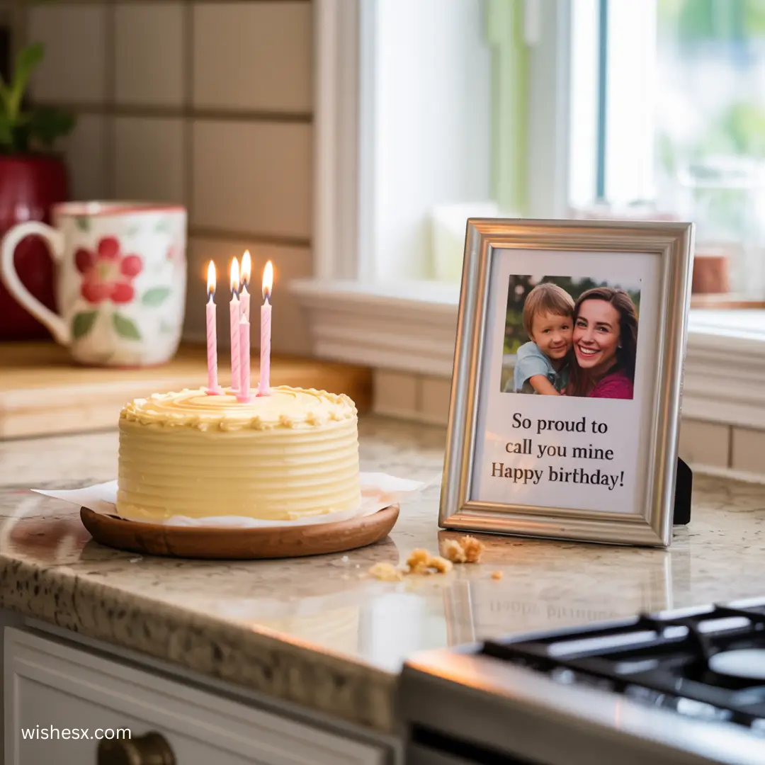 A birthday cake with three lit candles sits on a kitchen counter. Beside it is a framed photo of a smiling woman and child with a birthday message.