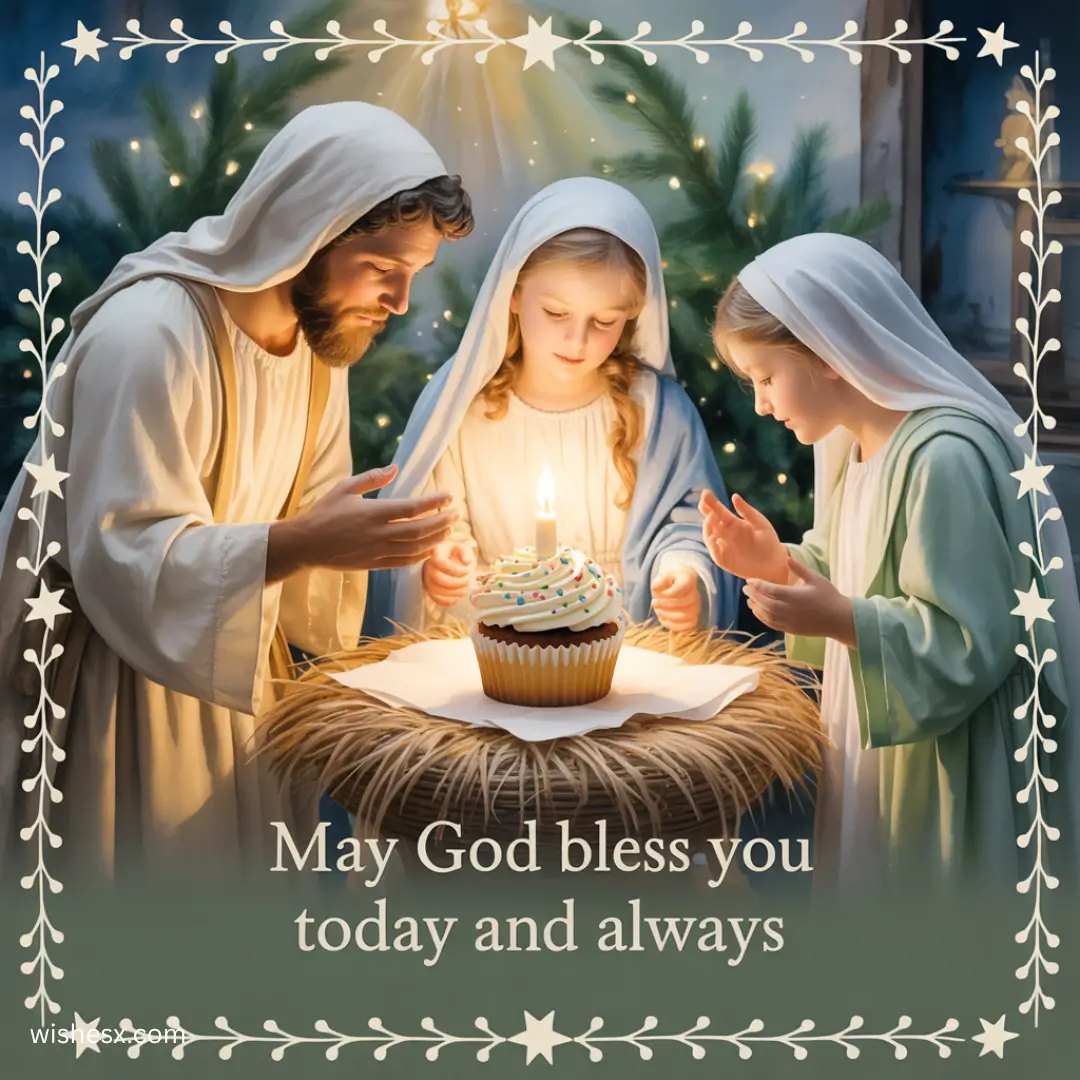 A peaceful scene of three figures in robes around a lit cupcake on straw. Background is starry with tree branches. Text reads, “May God bless you today and always.”