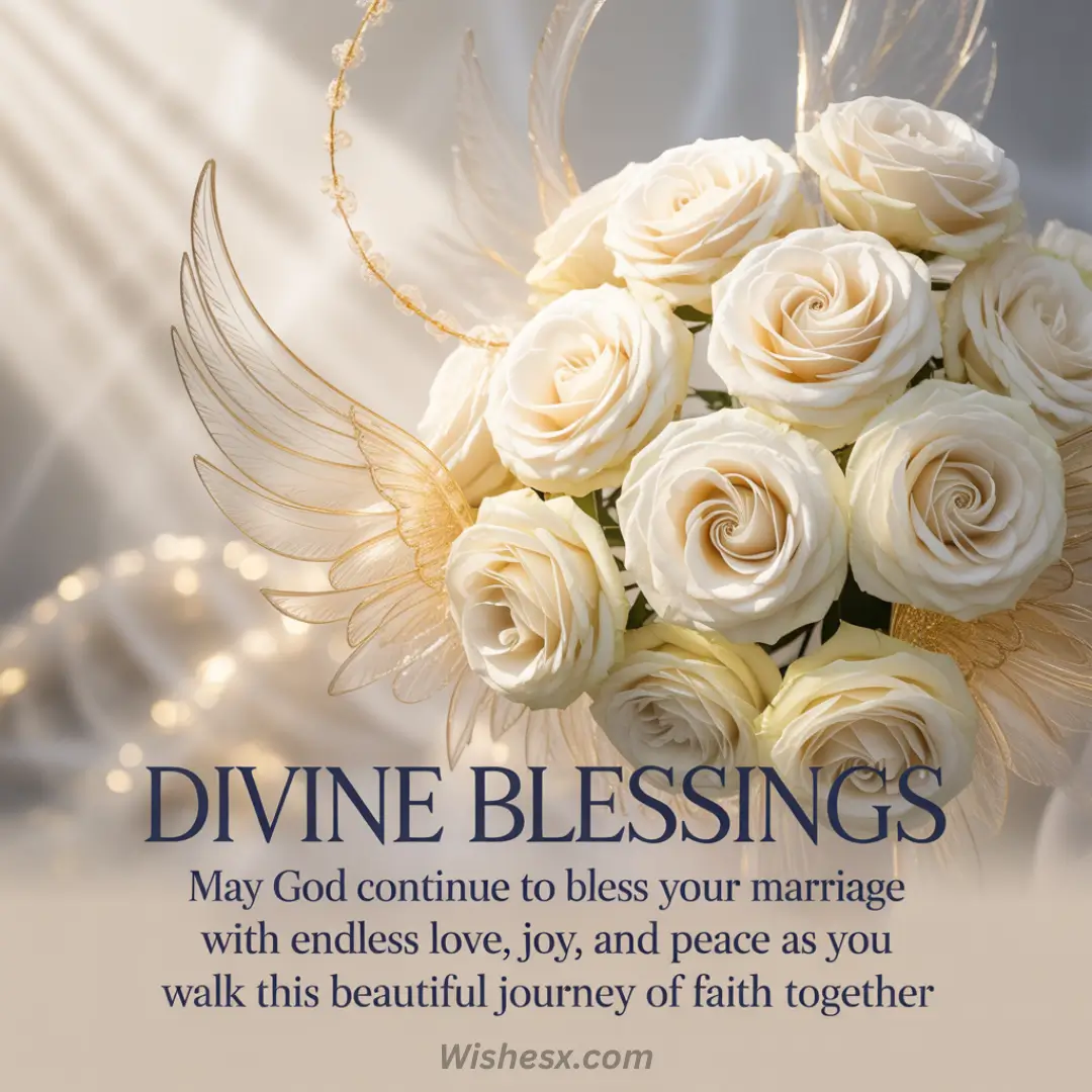 A bouquet of white roses with golden angelic wings against a soft light background. Text reads “Divine Blessings” with a prayer for marriage blessings.