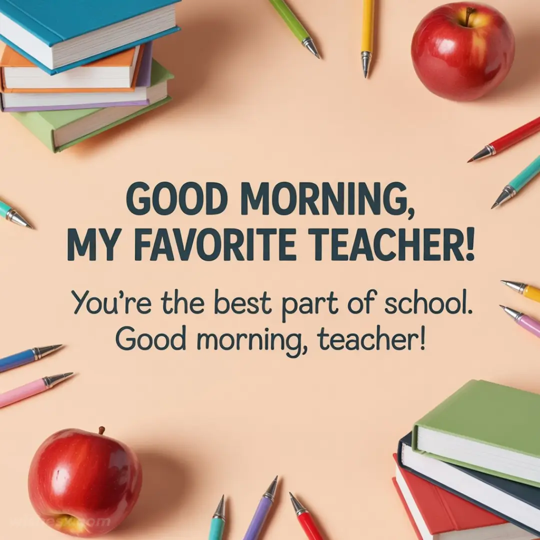 Books and colorful pens form a border around the text: "Good morning, my favorite teacher! You're the best part of school. Good morning, teacher!" An apple adds a classic touch.