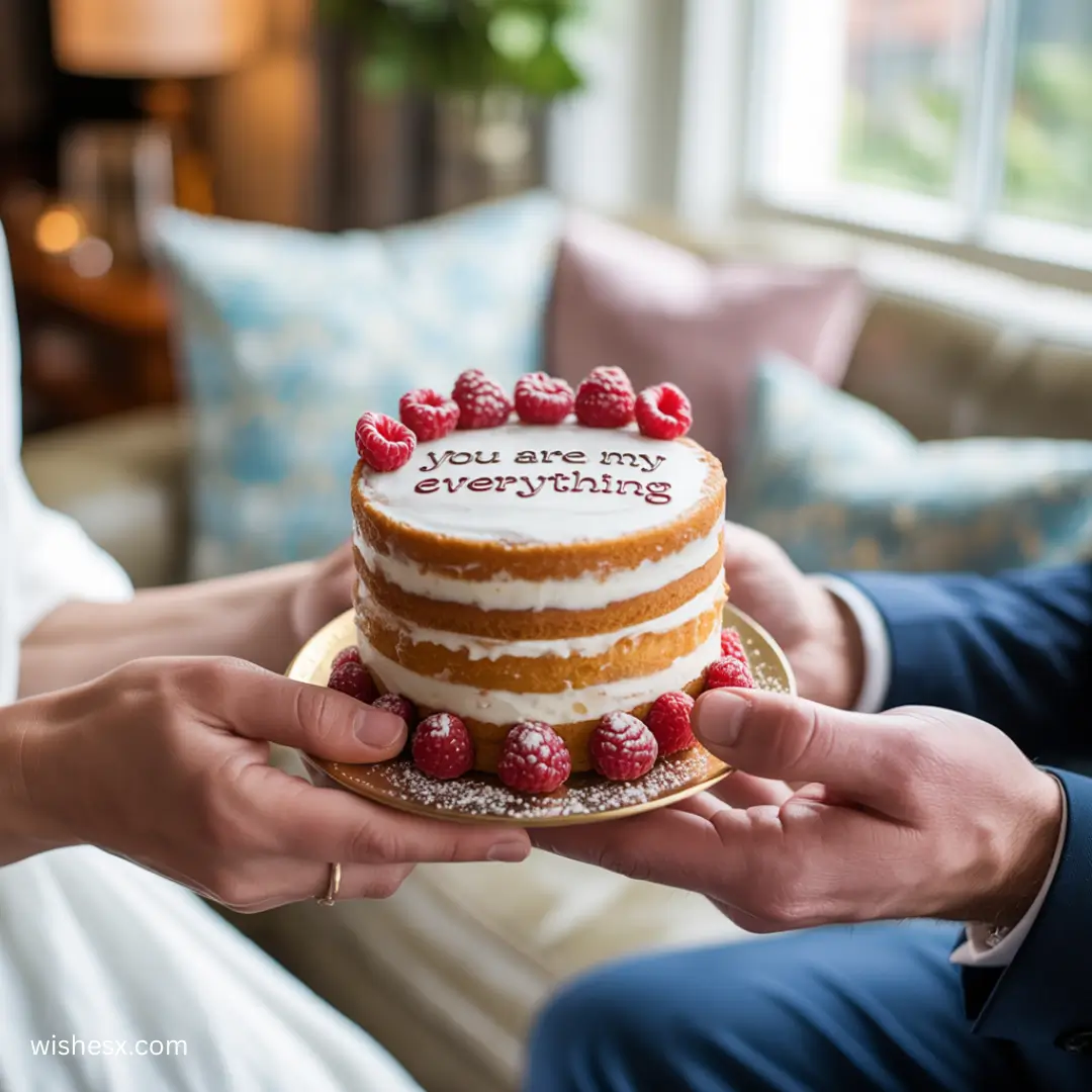 A bride and groom joyfully hold a wedding cake adorned with fresh raspberries, celebrating their special day together.