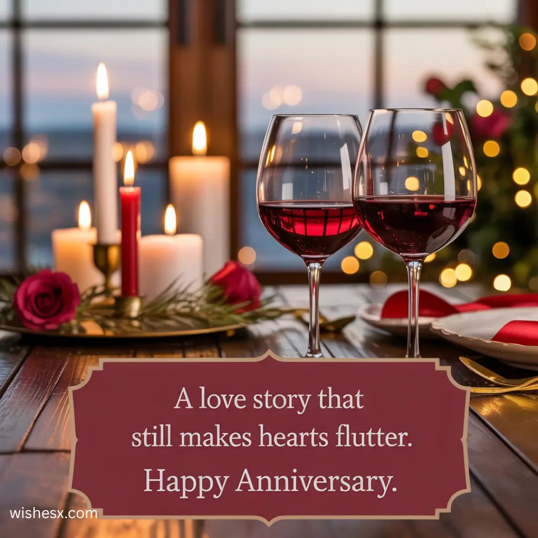 Two glasses of wine on a table surrounded by flickering candles, creating a warm and inviting atmosphere.