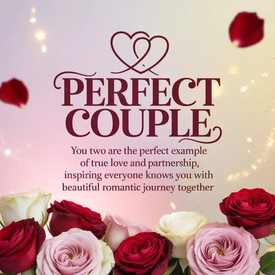 A romantic image with "Perfect Couple" text in elegant script above a heart design. Below, roses in red, pink, and white convey love and celebration.