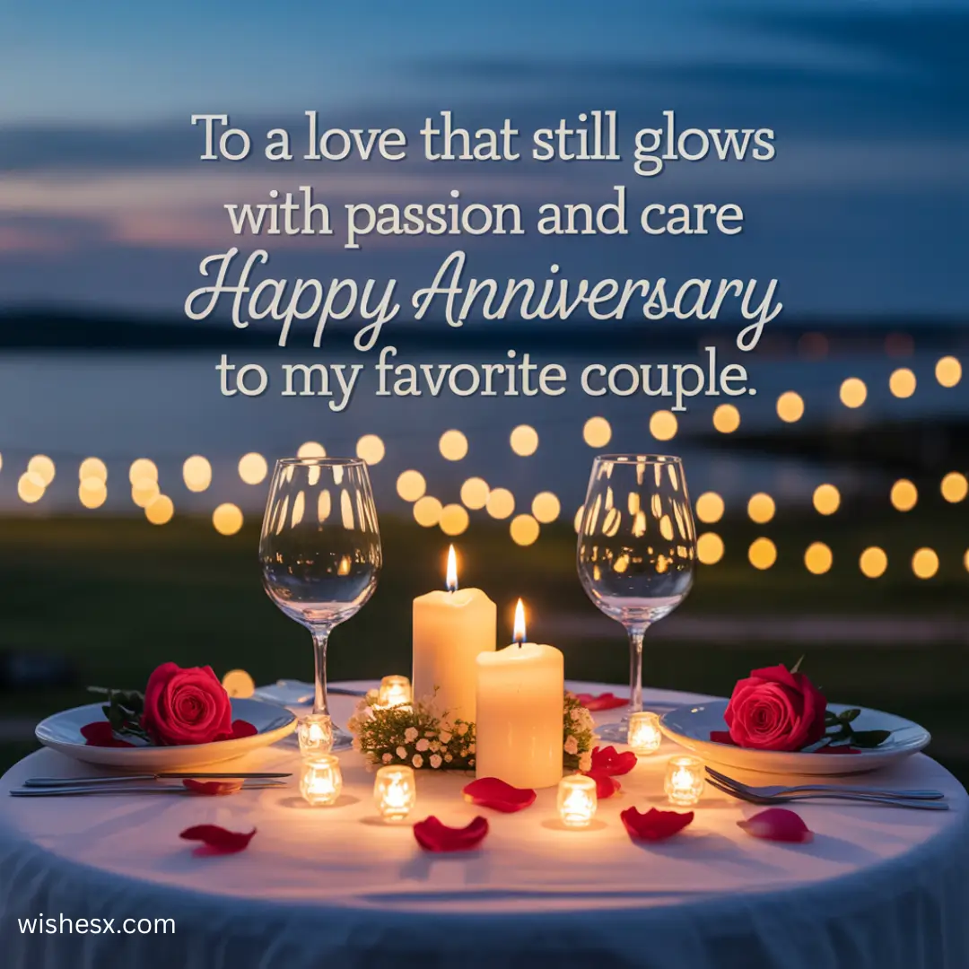Colorful anniversary card featuring heartfelt wishes for a happy marriage between husband and wife.