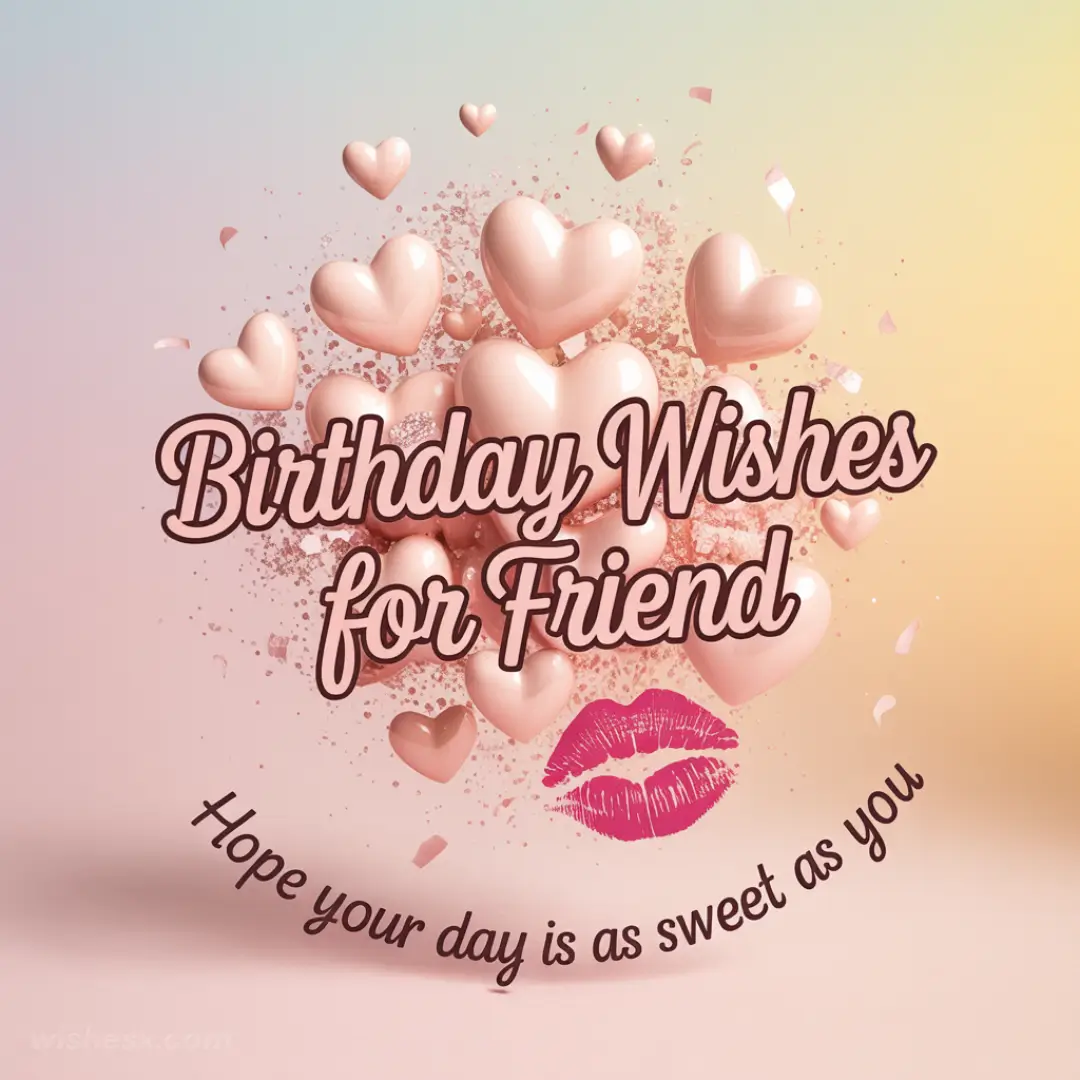 Birthday card with pink 3D hearts and confetti on a pastel background. Text reads, "Birthday Wishes for Friend. Hope your day is as sweet as you."