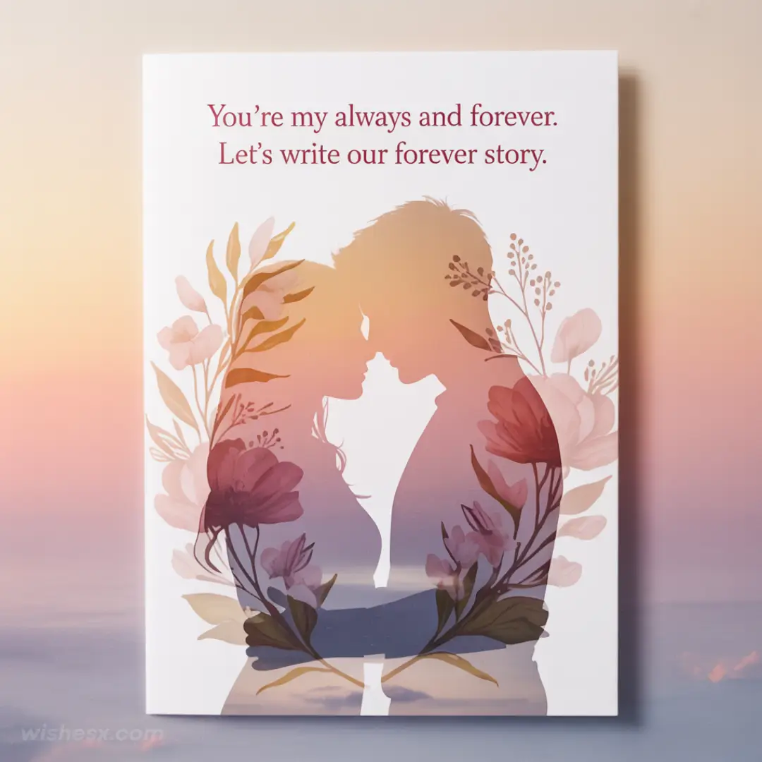 Silhouette of a couple facing each other, framed by floral elements. Text above reads, "You're my always and forever. Let's write our forever story." Romantic tone.