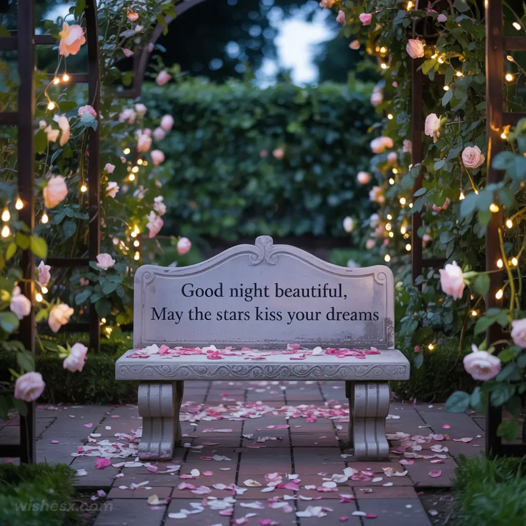 A serene night scene with the text: "Good night beautiful, may the sun kiss your dreams."